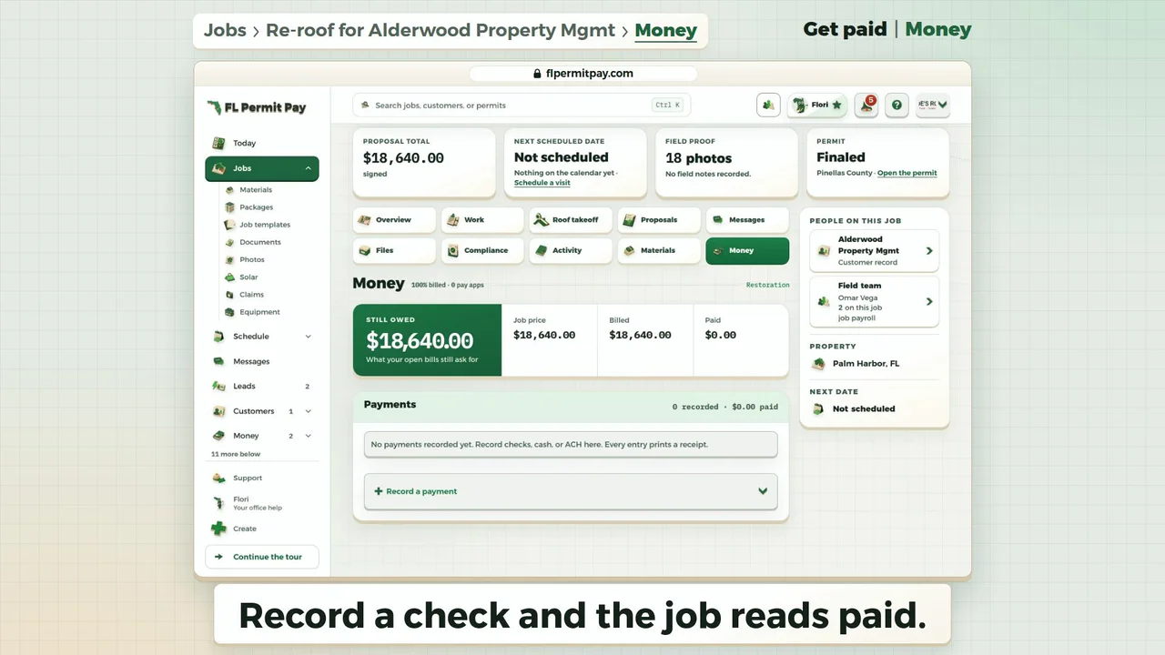 A job's Money tab in FL Permit Pay on a desktop, Still owed $18,640.00, under the line: Record a check and the job reads paid.