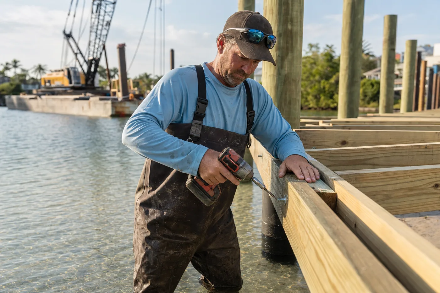 A marine contractor fastening a dock stringer with an impact wrench, standing in shallow Florida water