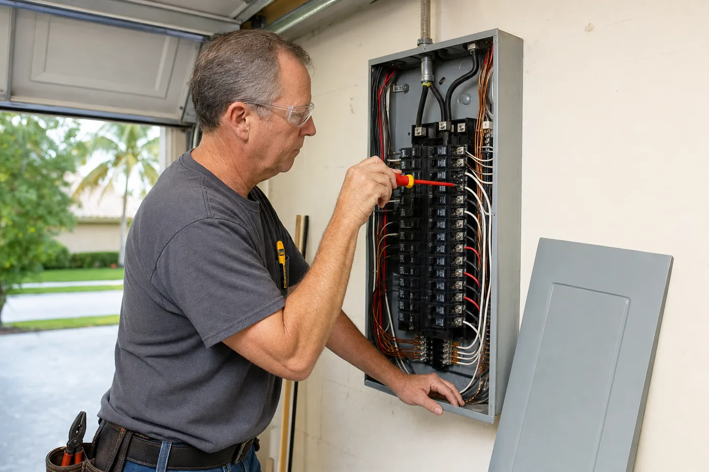 An electrician torquing a breaker in a 200-amp panel