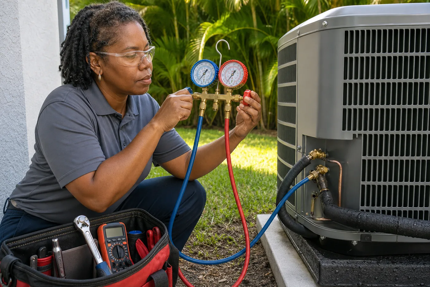An HVAC technician reading manifold gauges on a Florida condenser