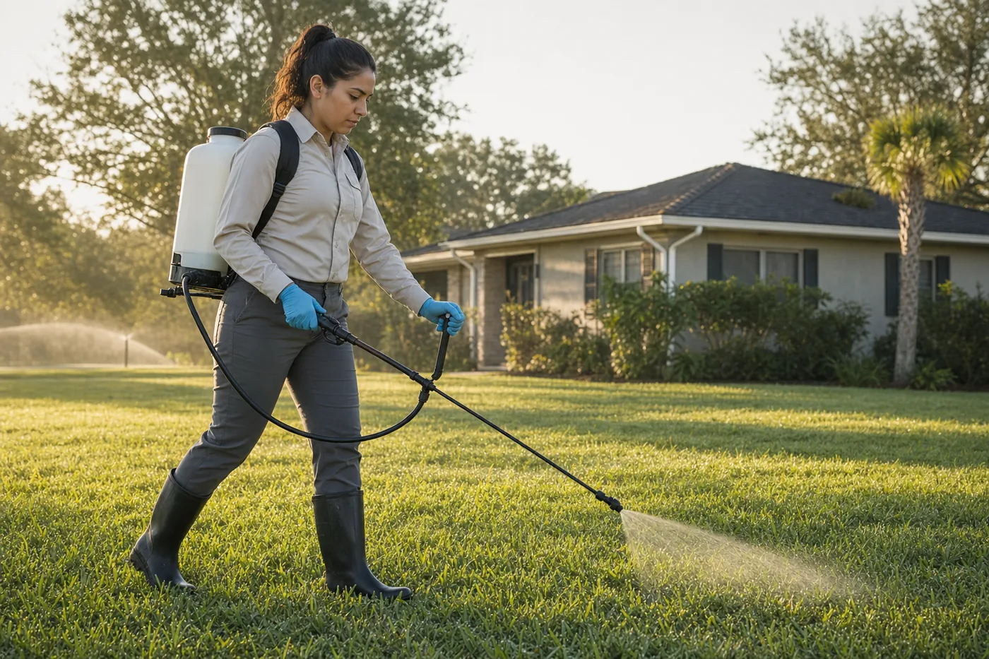 A pest-control technician treating a Florida lawn with a backpack sprayer