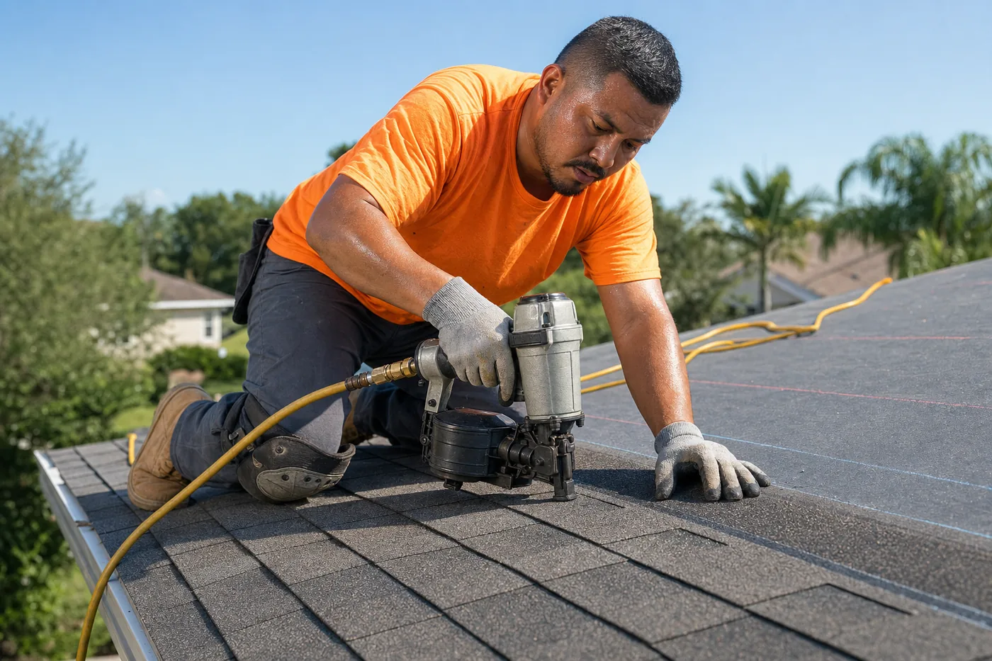 The site photo in the job file: a roofer fastening shingles with a pneumatic coil nailer on this roof