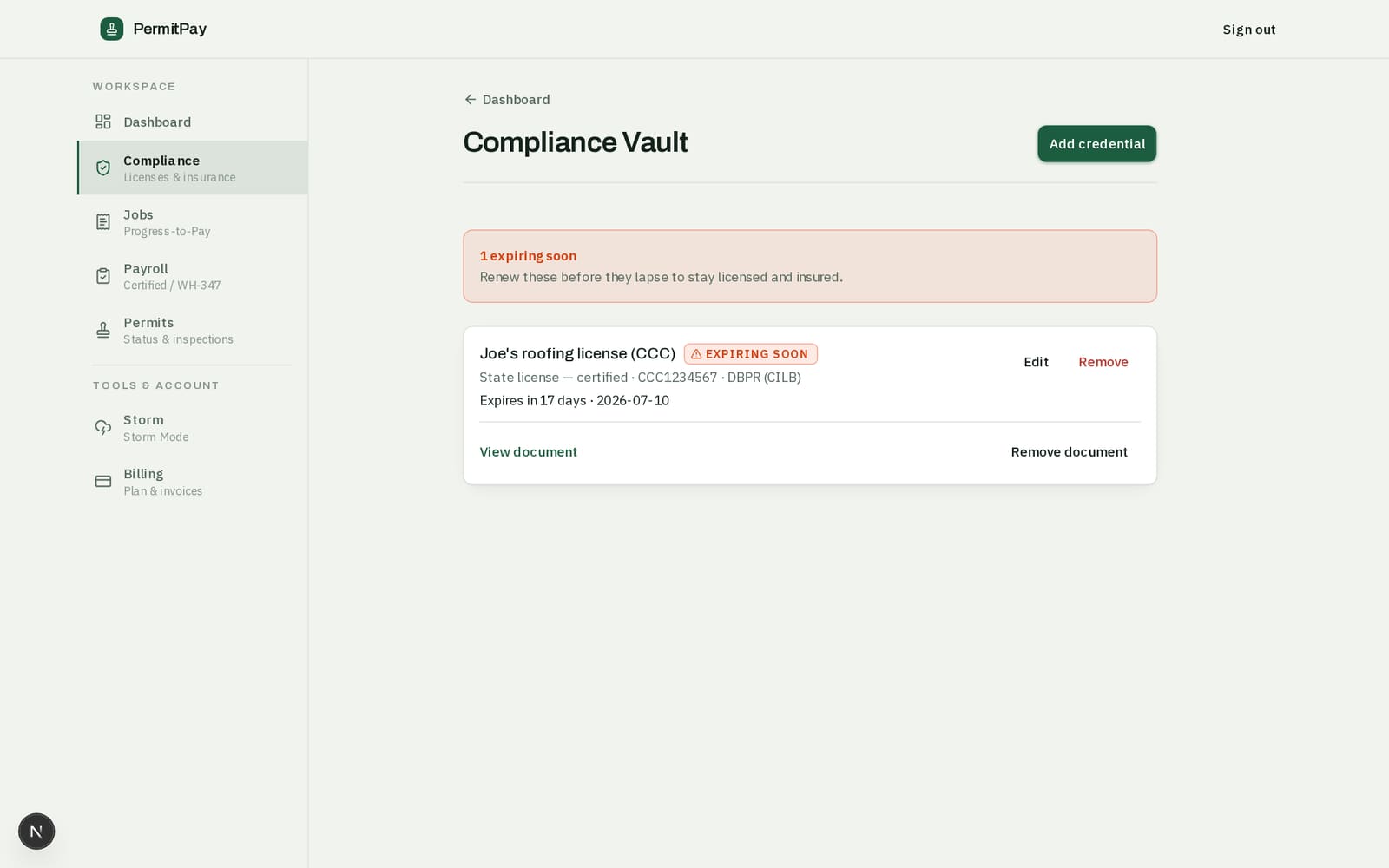 Screenshot of the FL Permit Pay Compliance Vault