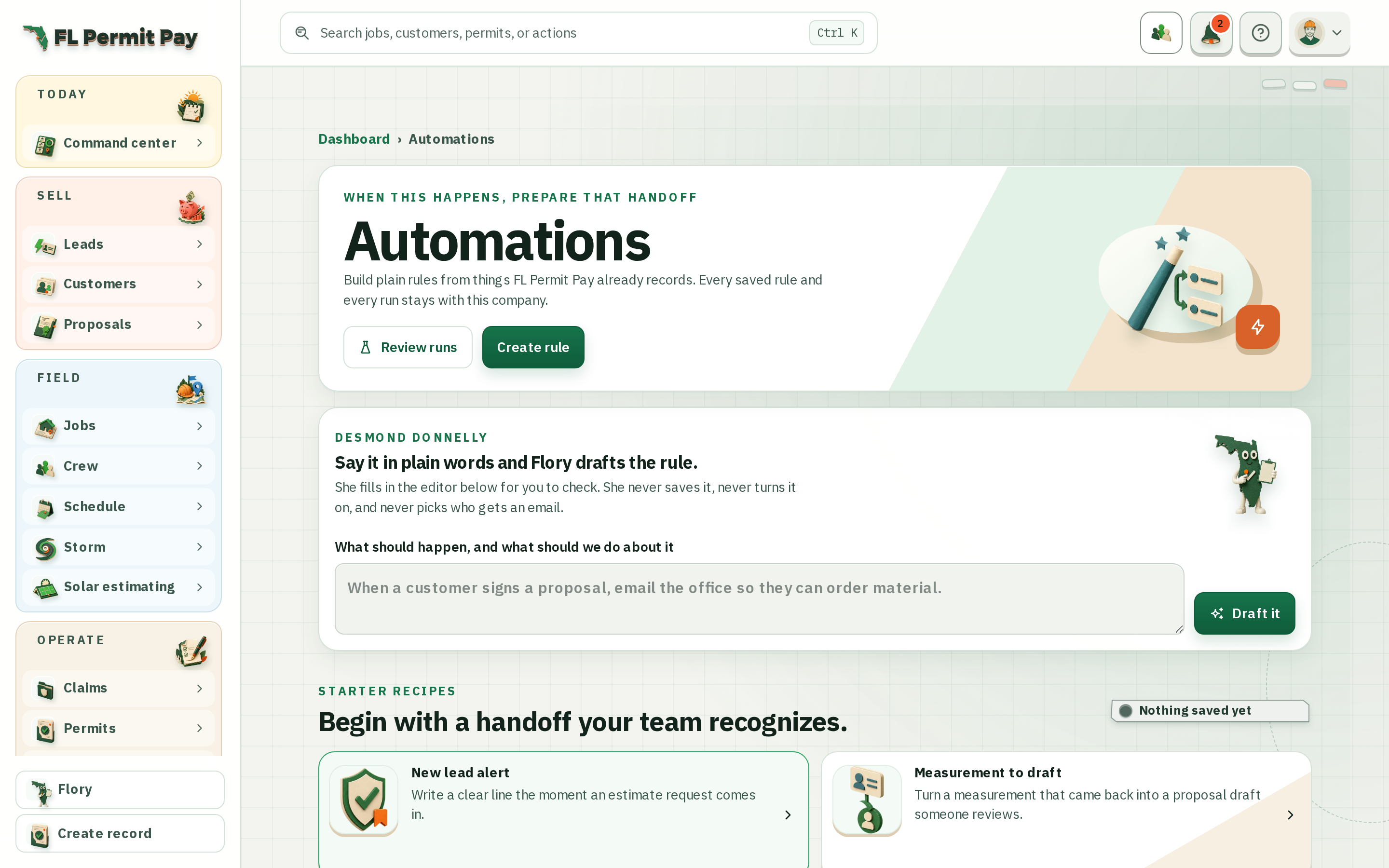 The FL Permit Pay Automations workspace, showing the rules that move work forward without anyone remembering to.