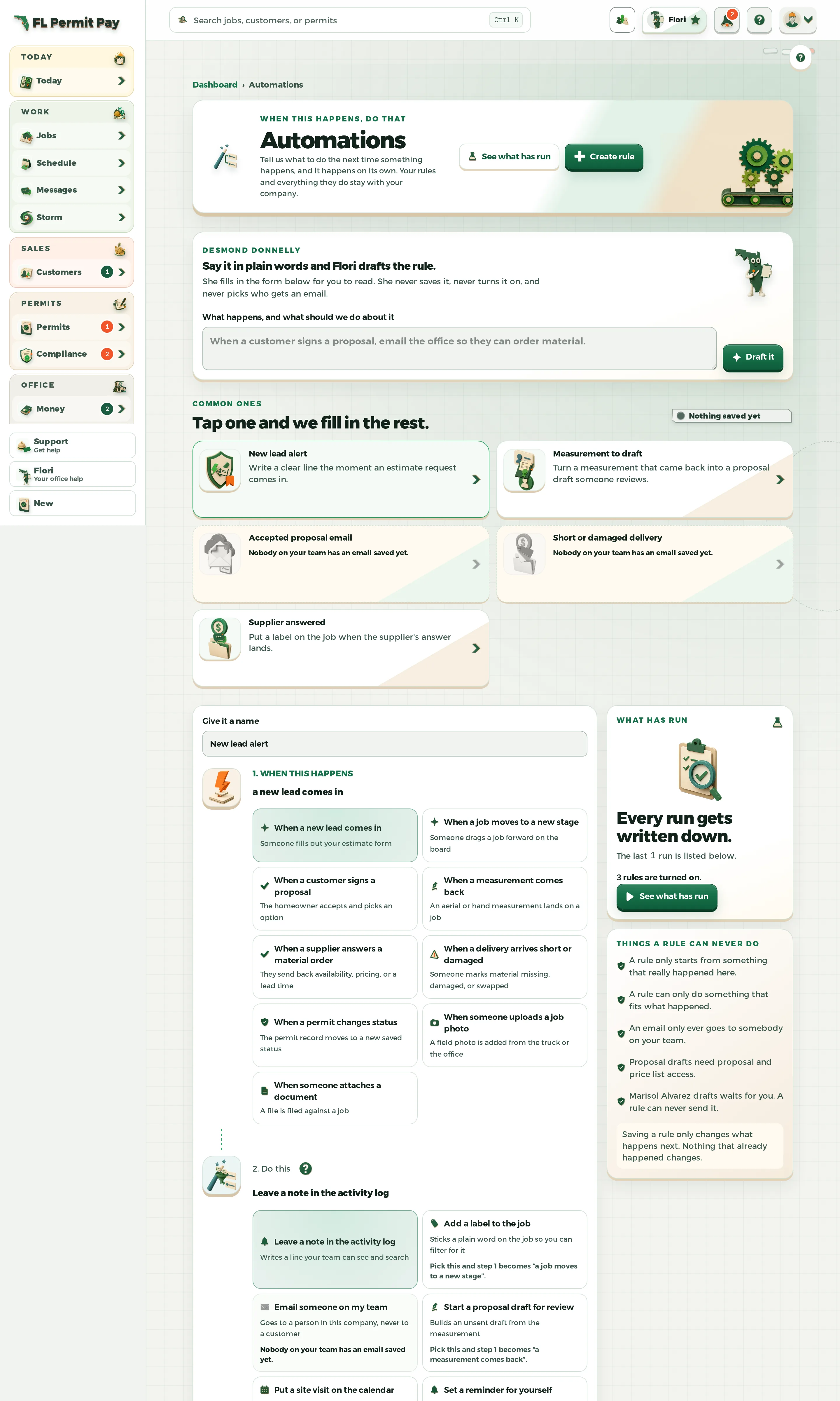 The FL Permit Pay Automations workspace, showing the rules that move work forward without anyone remembering to.