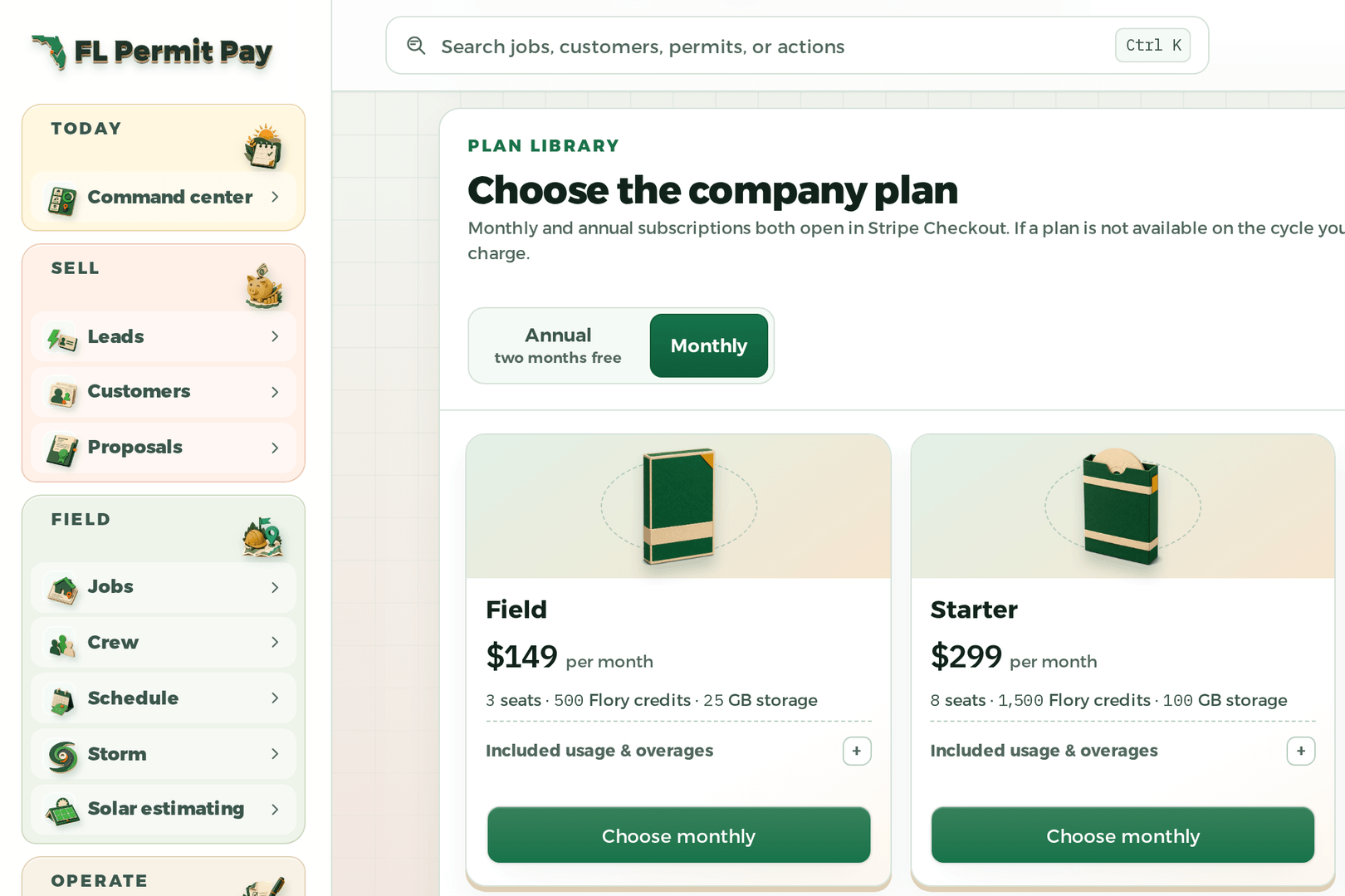 The PermitPay Billing screen, plan library section, with the monthly billing cycle selected and the entry plan's card in view.