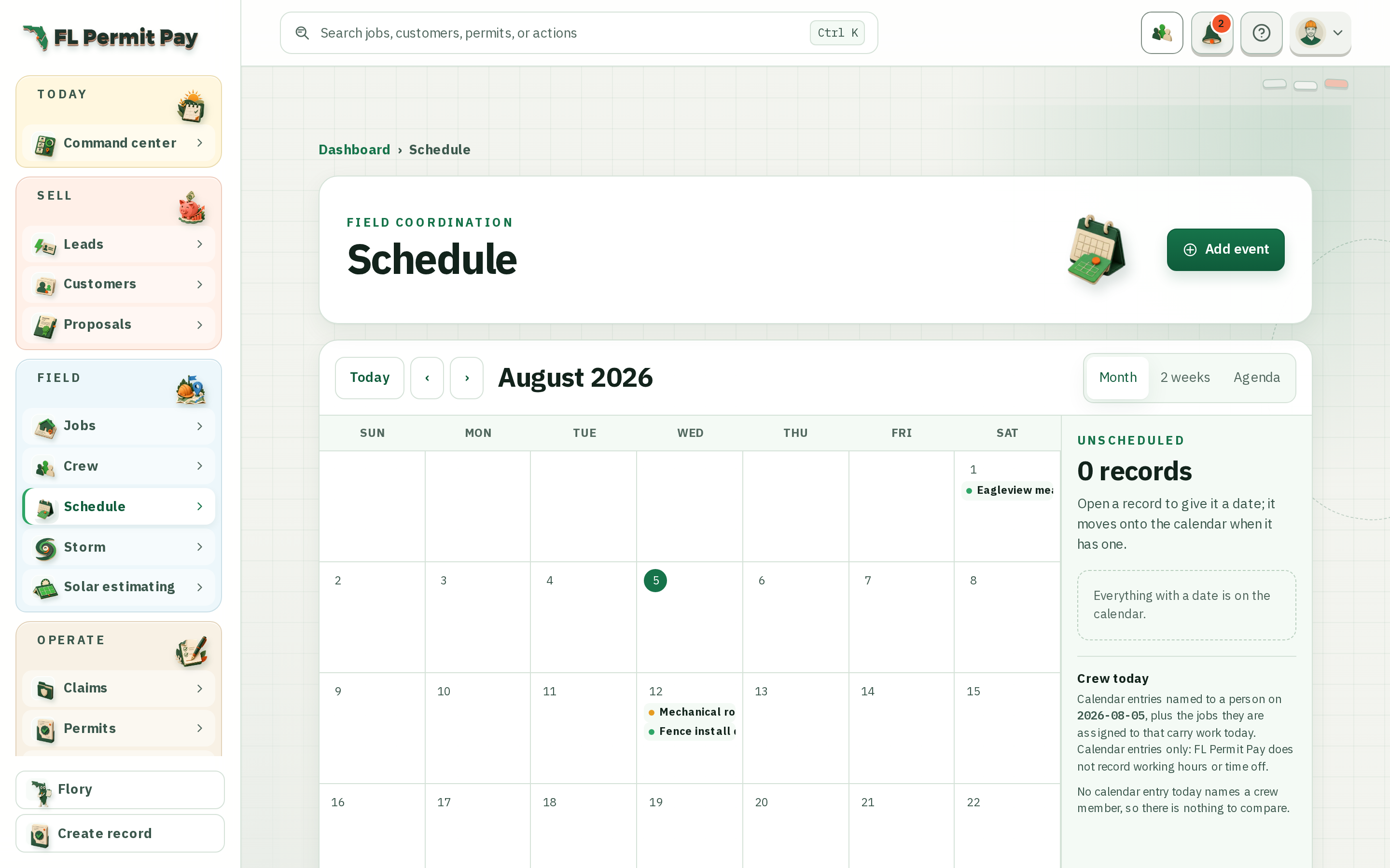 The FL Permit Pay Calendar workspace, showing scheduled field work and inspection dates.