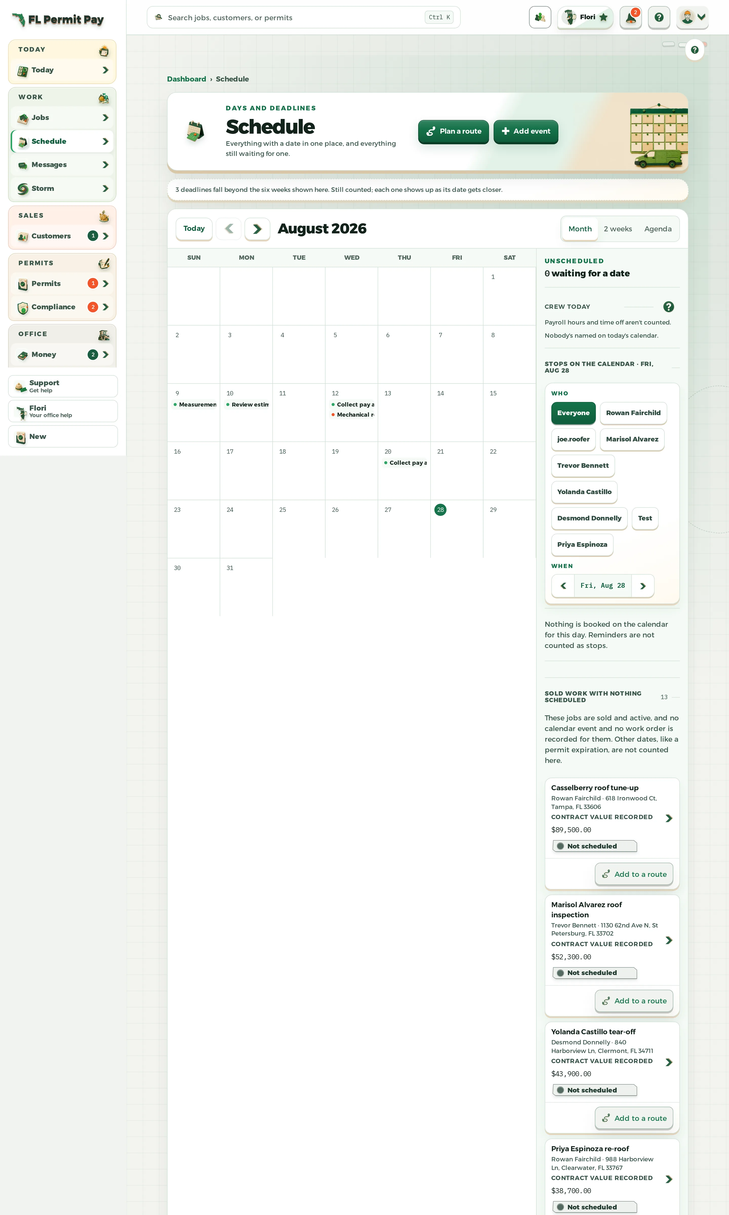 The FL Permit Pay Calendar workspace, showing scheduled field work and inspection dates.