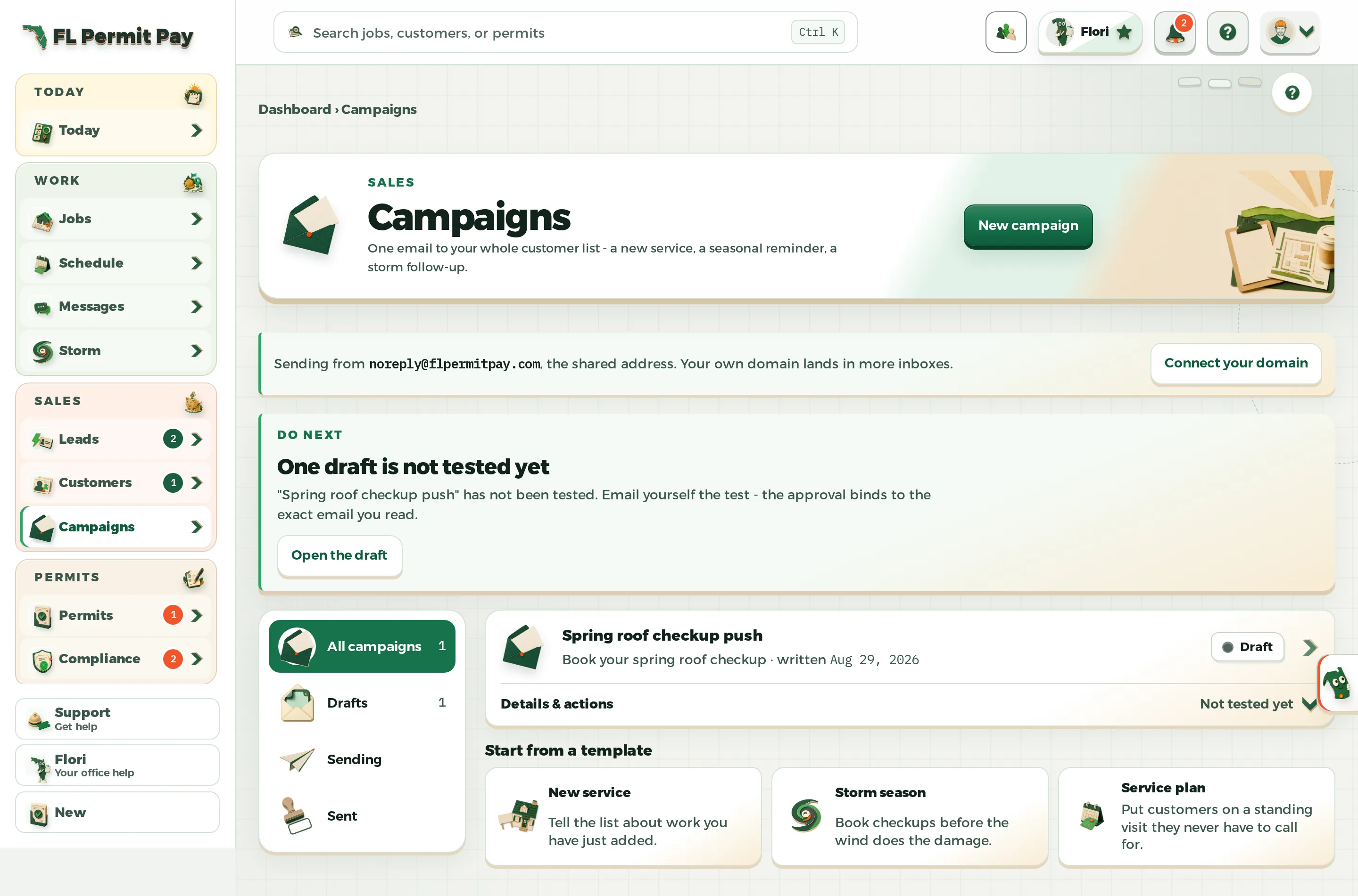 The FL Permit Pay Campaigns workspace: the address campaigns send from with a control to connect your own domain, one draft that has not been tested yet, the all / drafts / sending / sent rail, and three starting templates.