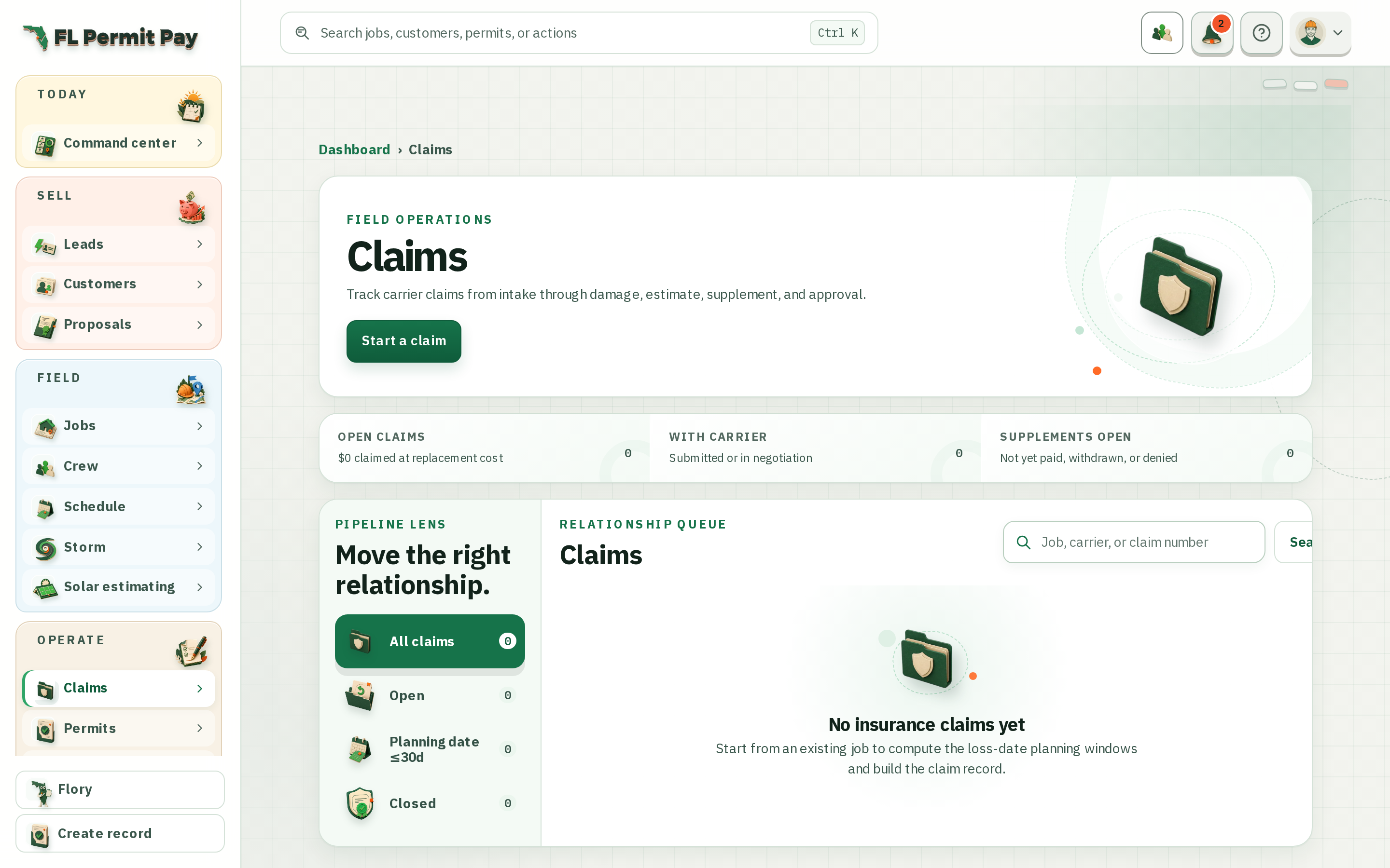 The FL Permit Pay claims workspace, tracking carrier claims from intake through damage, estimate, supplement and approval.