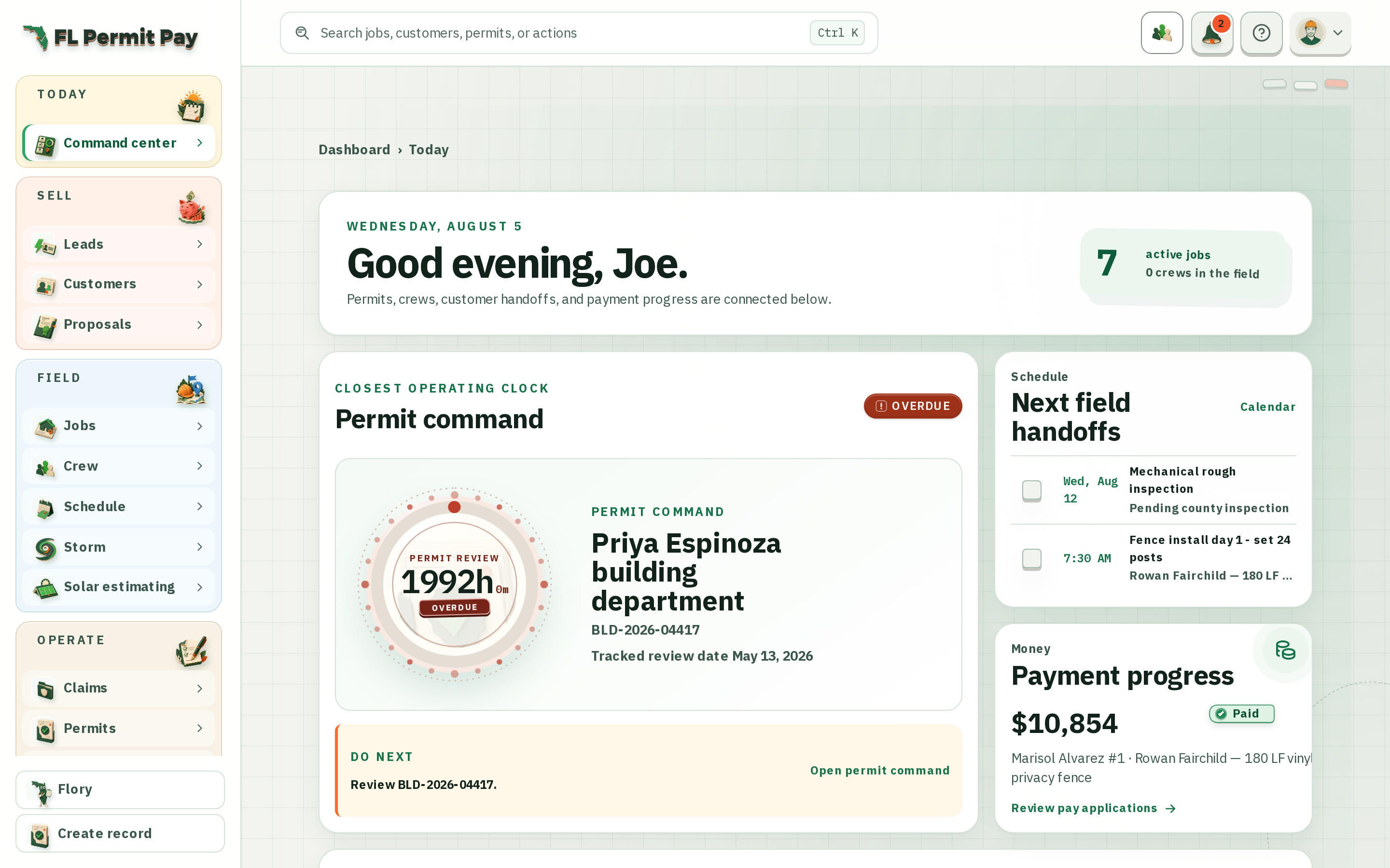 The FL Permit Pay command centre, showing the permit clock, the next field handoffs and payment progress for a sample Florida roofing organization.