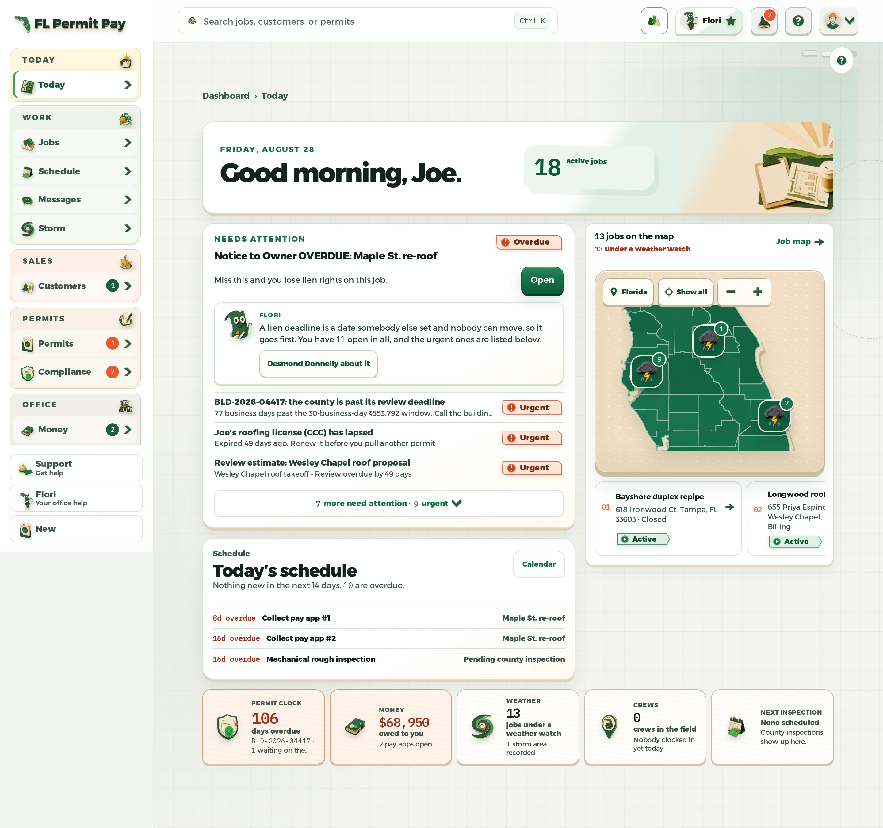 The FL Permit Pay Today screen, bringing the permit clock, the crew schedule and payment progress onto one screen.
