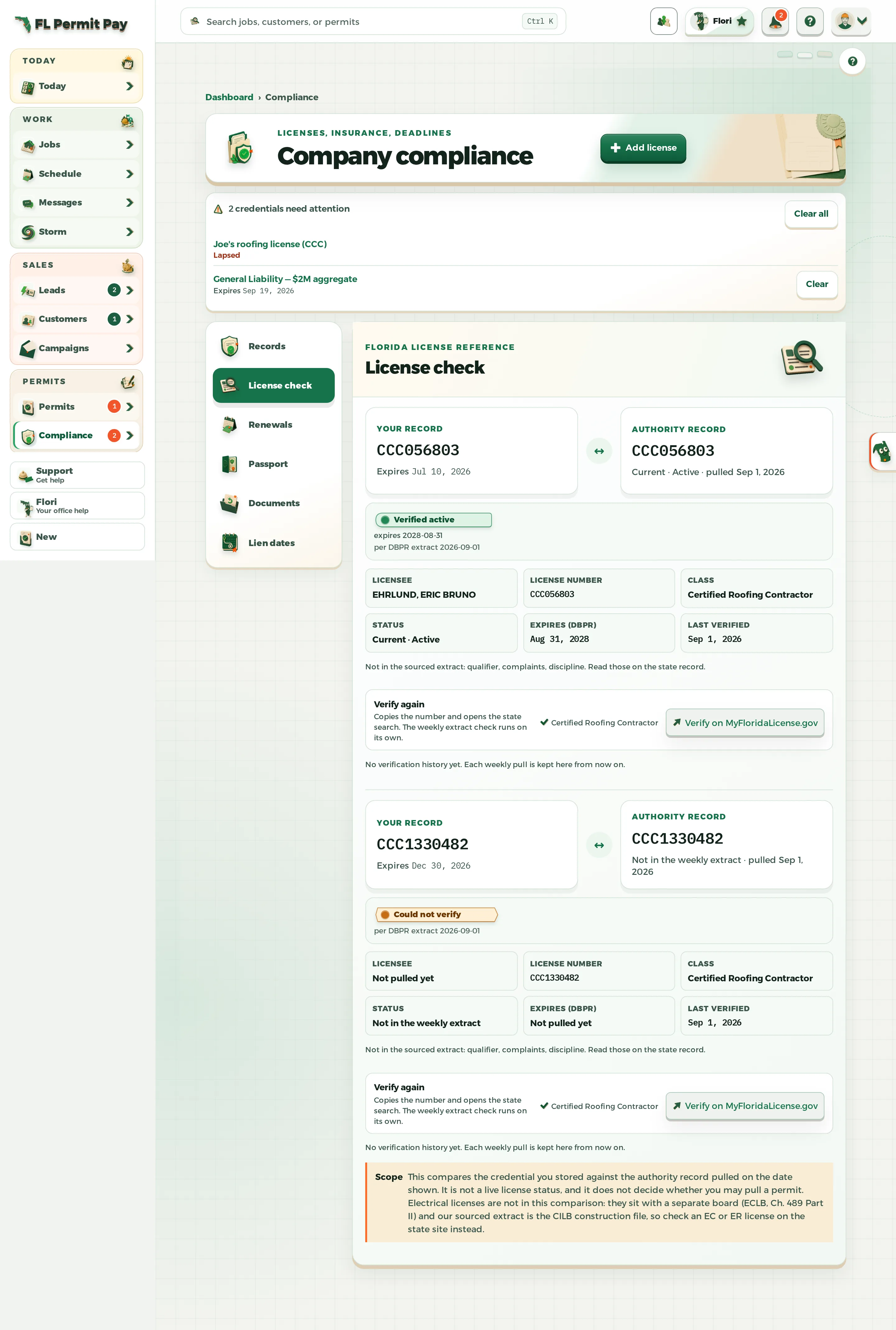 The FL Permit Pay License check panel, showing the stored credential beside the authority record pulled from the DBPR weekly extract, with the pulled-on date attached.