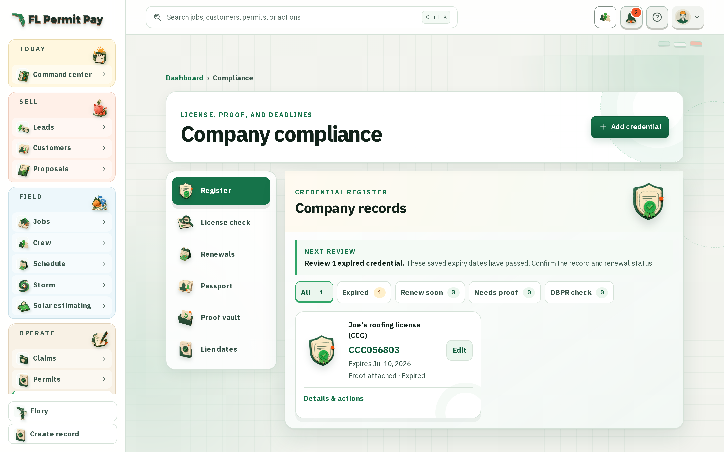 The FL Permit Pay company compliance workspace, listing company records with expiry dates, proof attachments and DBPR check status.