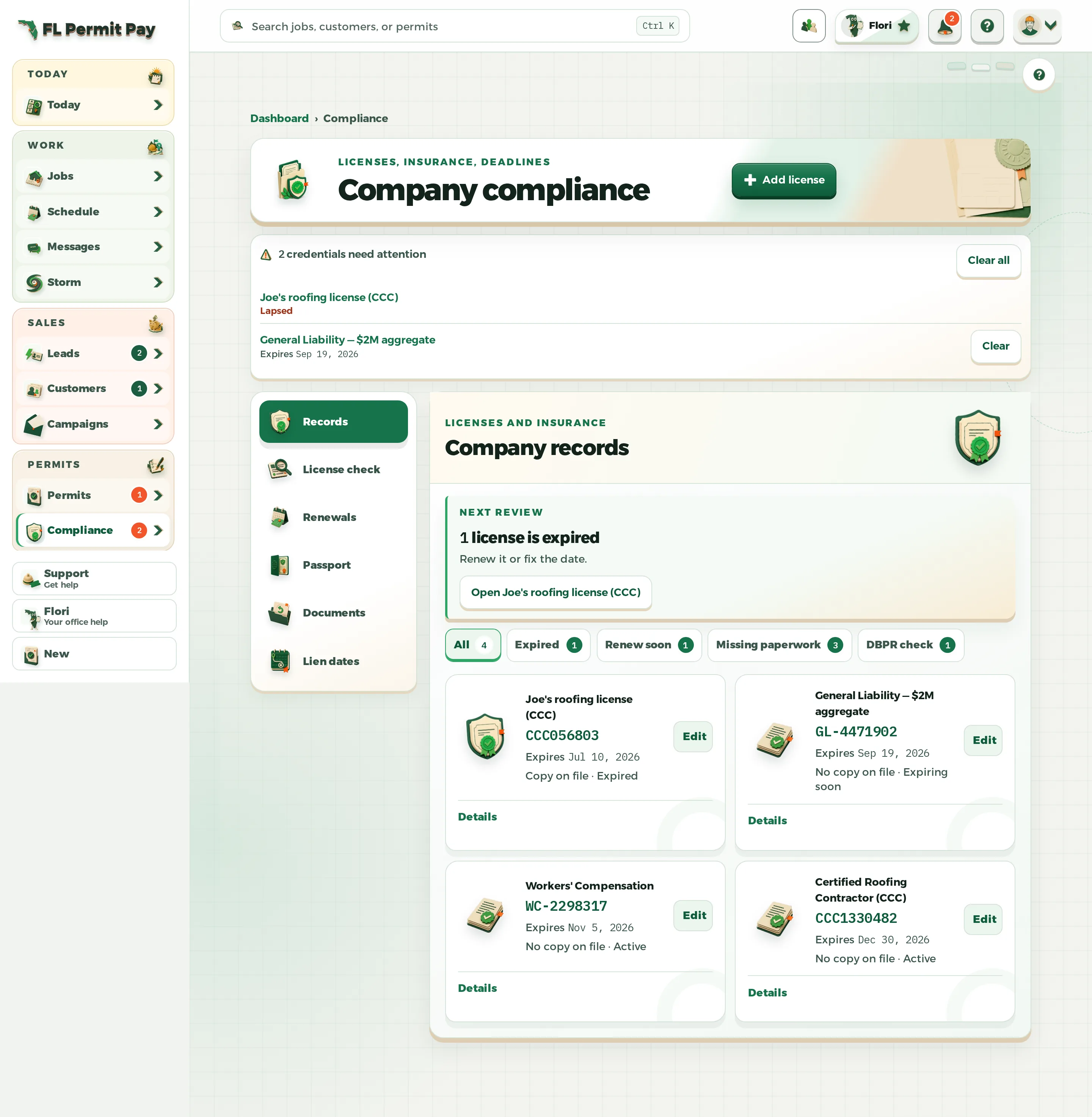 The FL Permit Pay compliance workspace, showing the credential register with license check and renewal state for each record.