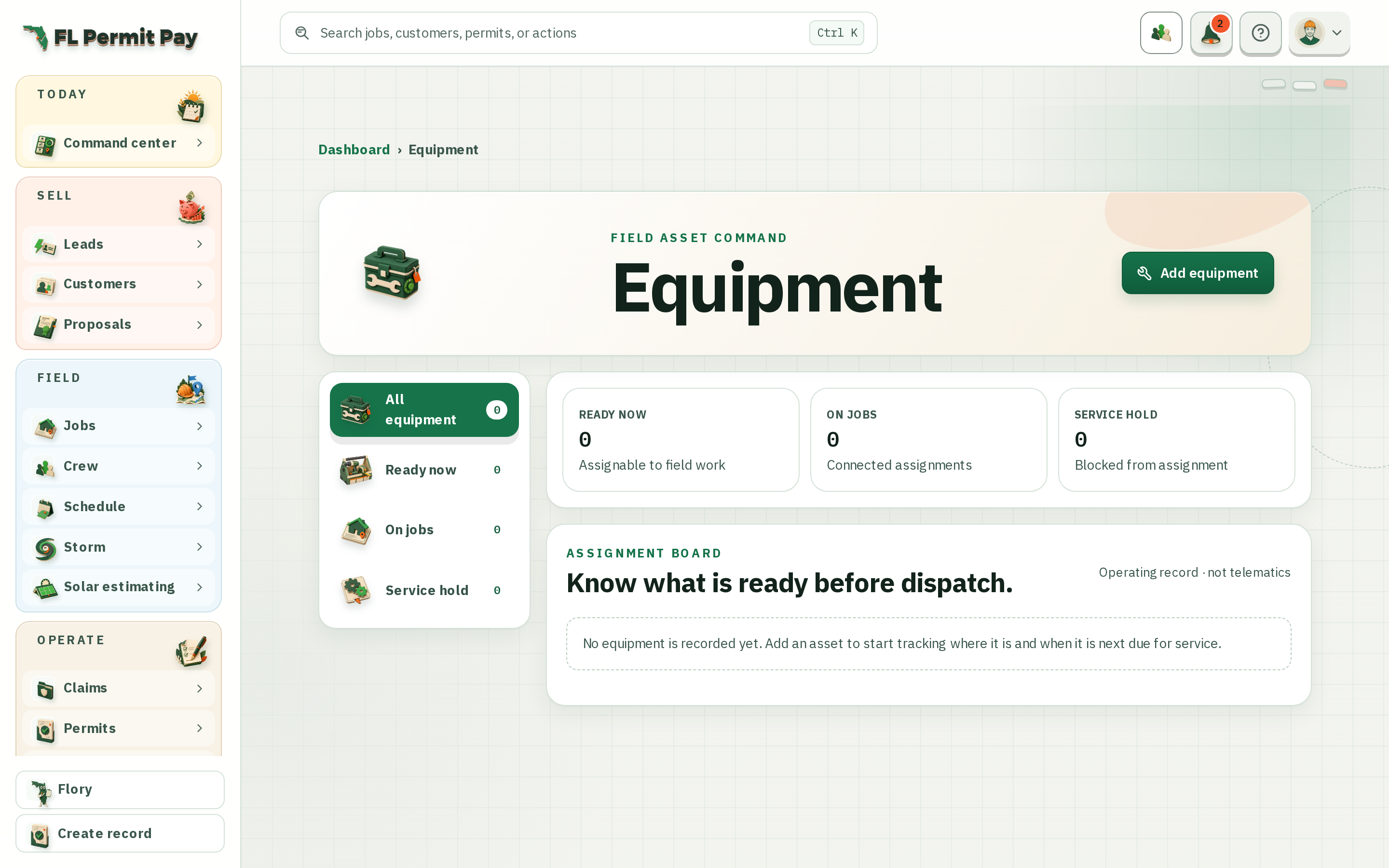 The FL Permit Pay Equipment workspace, showing tracked equipment and its assignment to crews and jobs.