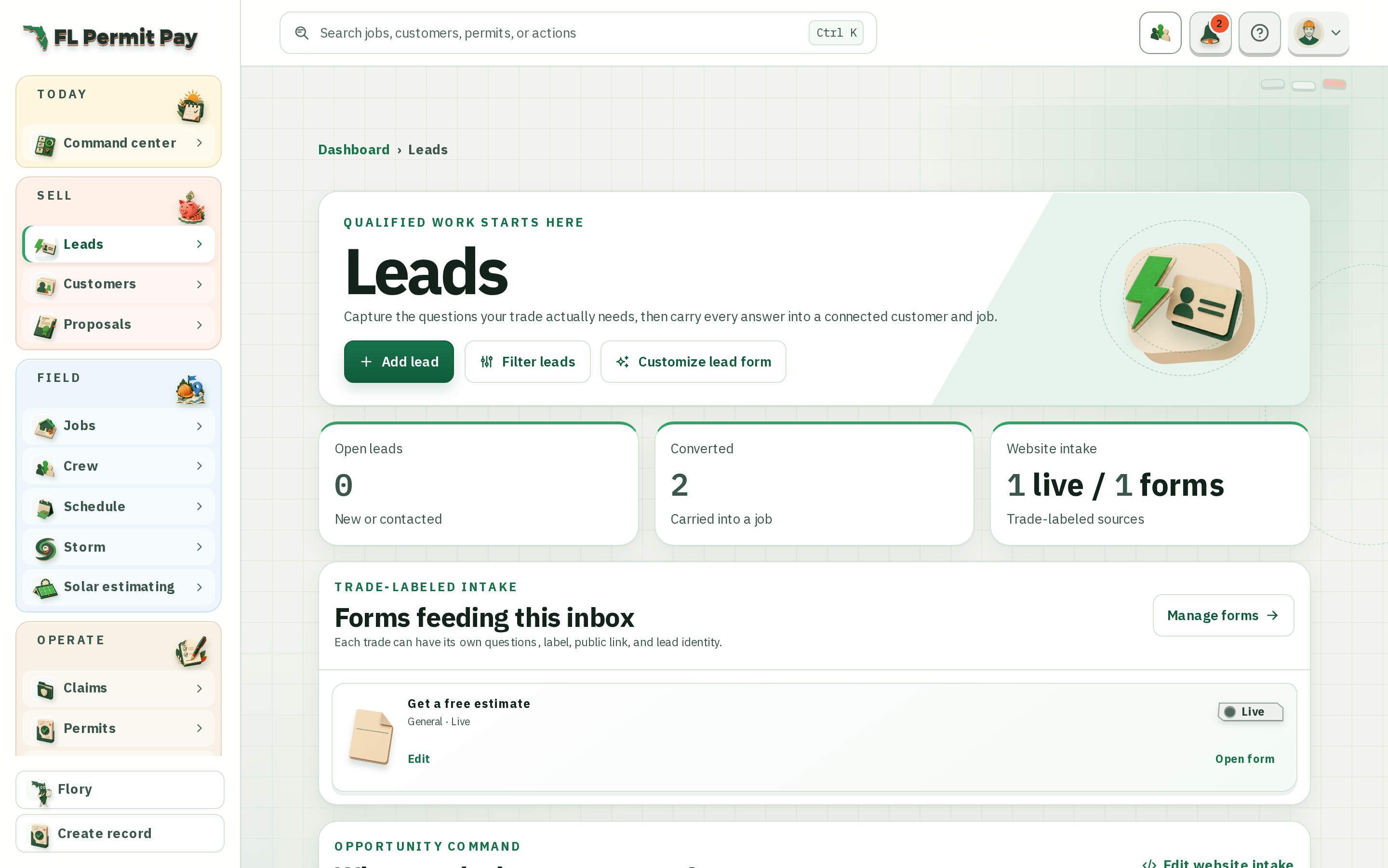 The FL Permit Pay leads workspace, showing open leads, conversions and the trade-labelled intake forms feeding them.