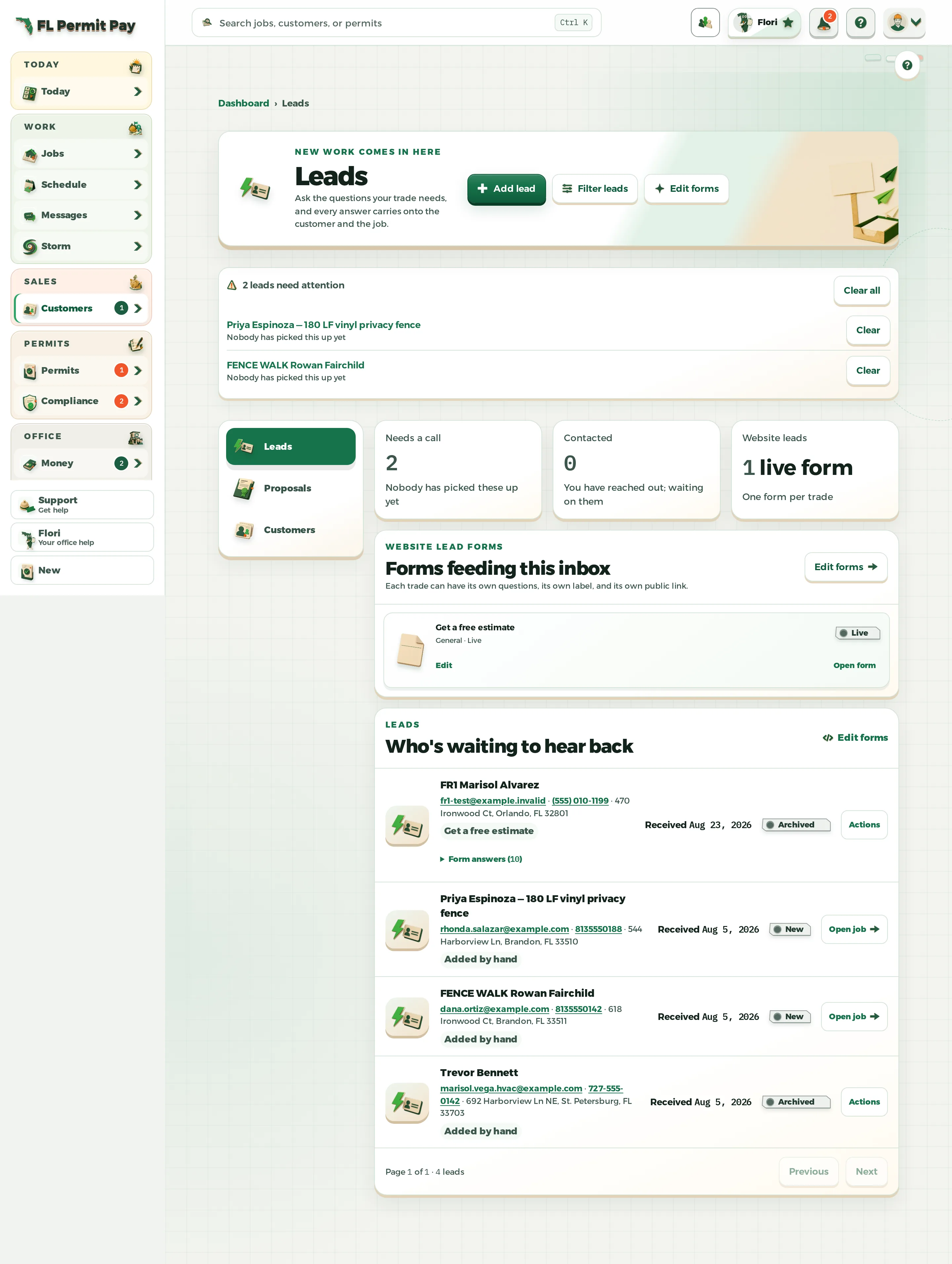 The FL Permit Pay leads workspace, showing open leads, conversions and the trade-labelled intake forms feeding them.