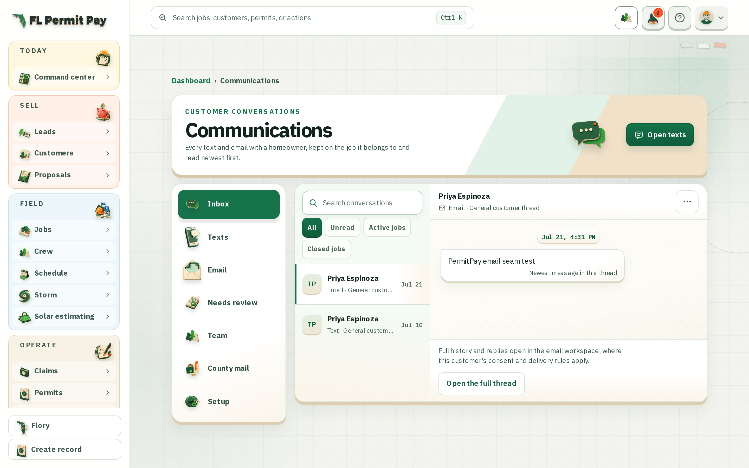 The FL Permit Pay messaging workspace, showing crew and customer conversations tied to their jobs.