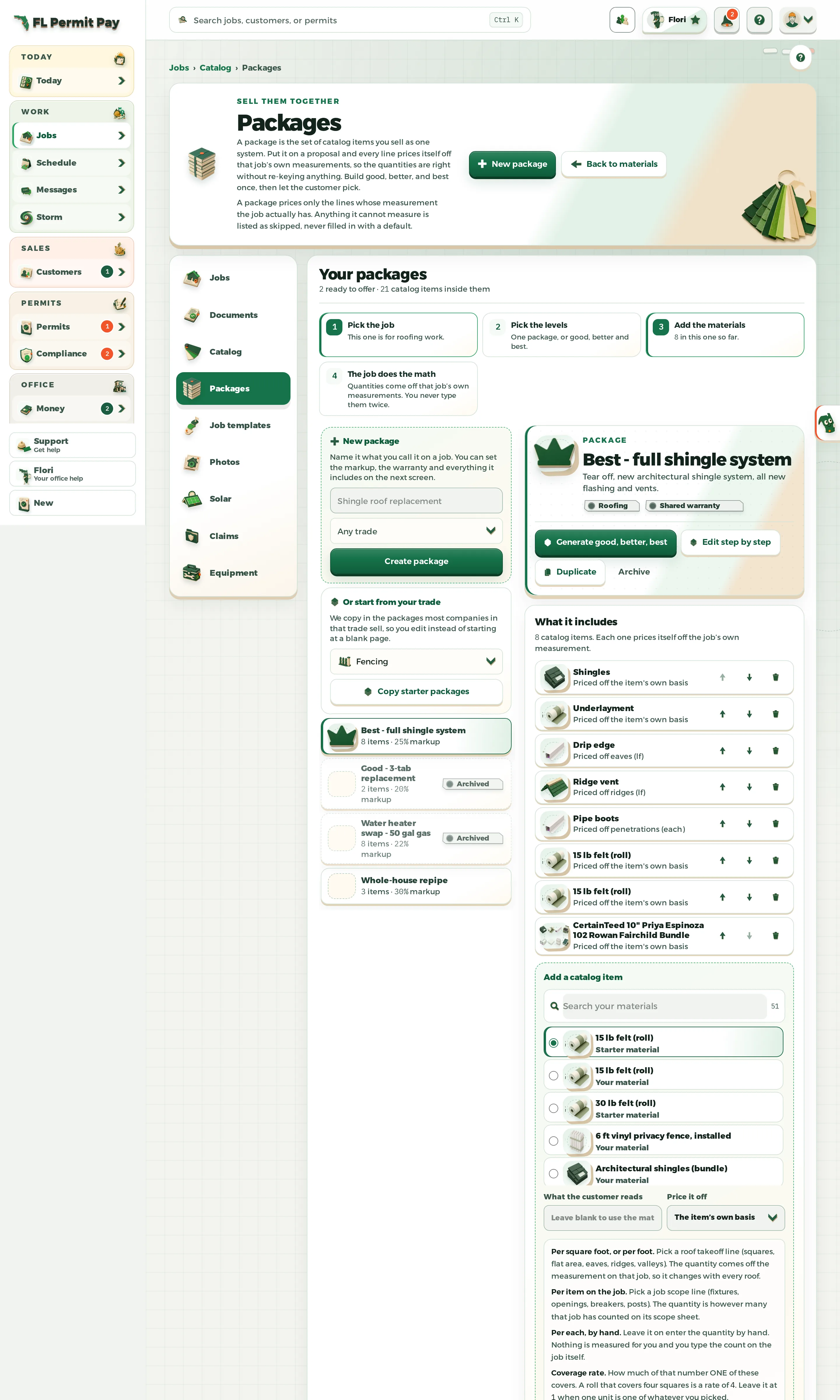 The FL Permit Pay Packages page, showing the packages this company has ready, how many catalog items sit inside them, and a package priced with its markup and trade.