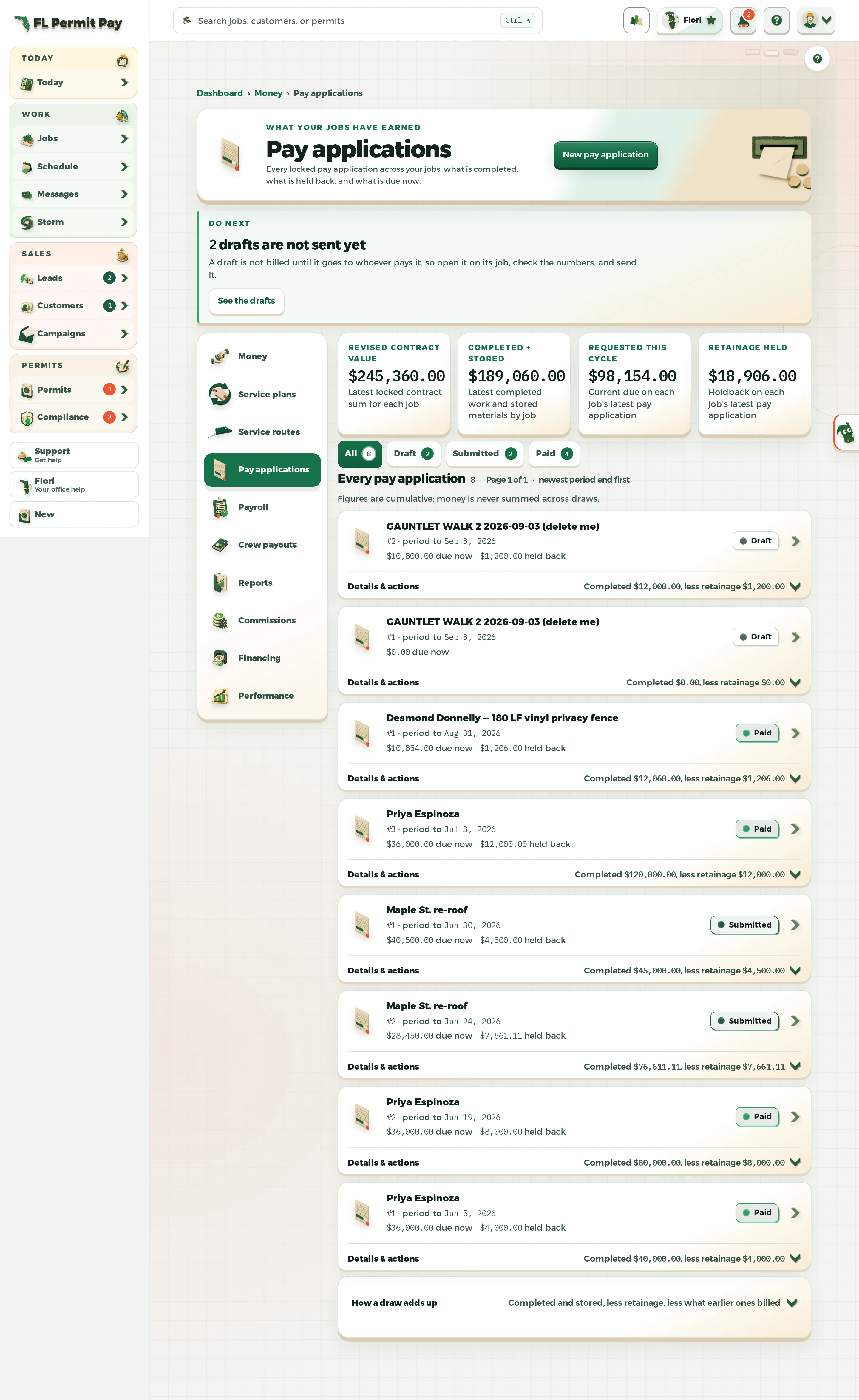 The FL Permit Pay pay applications workspace, showing the schedule of values with each line's contract meaning.