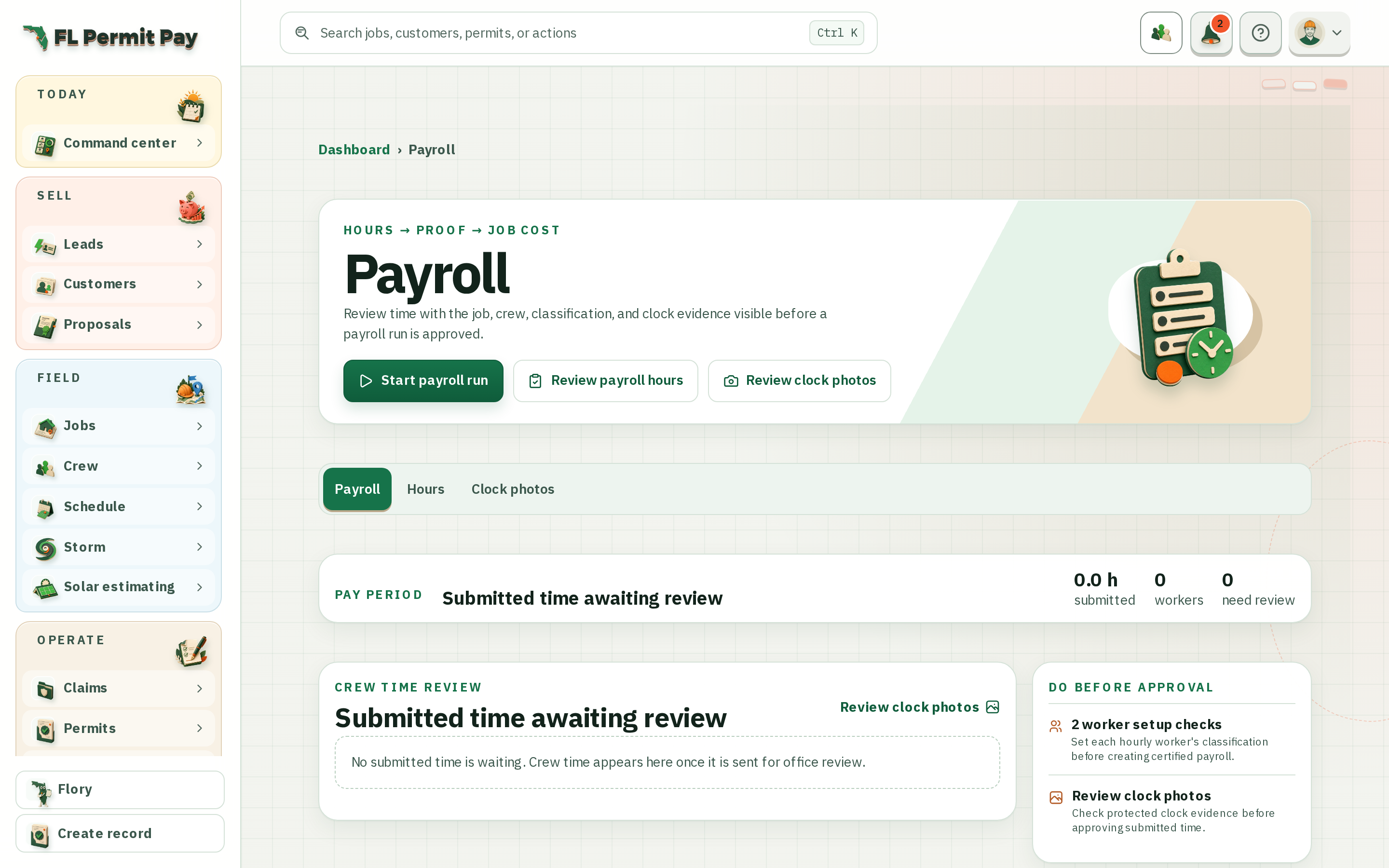 The FL Permit Pay payroll workspace, showing submitted crew time awaiting office review before a certified payroll run is approved.