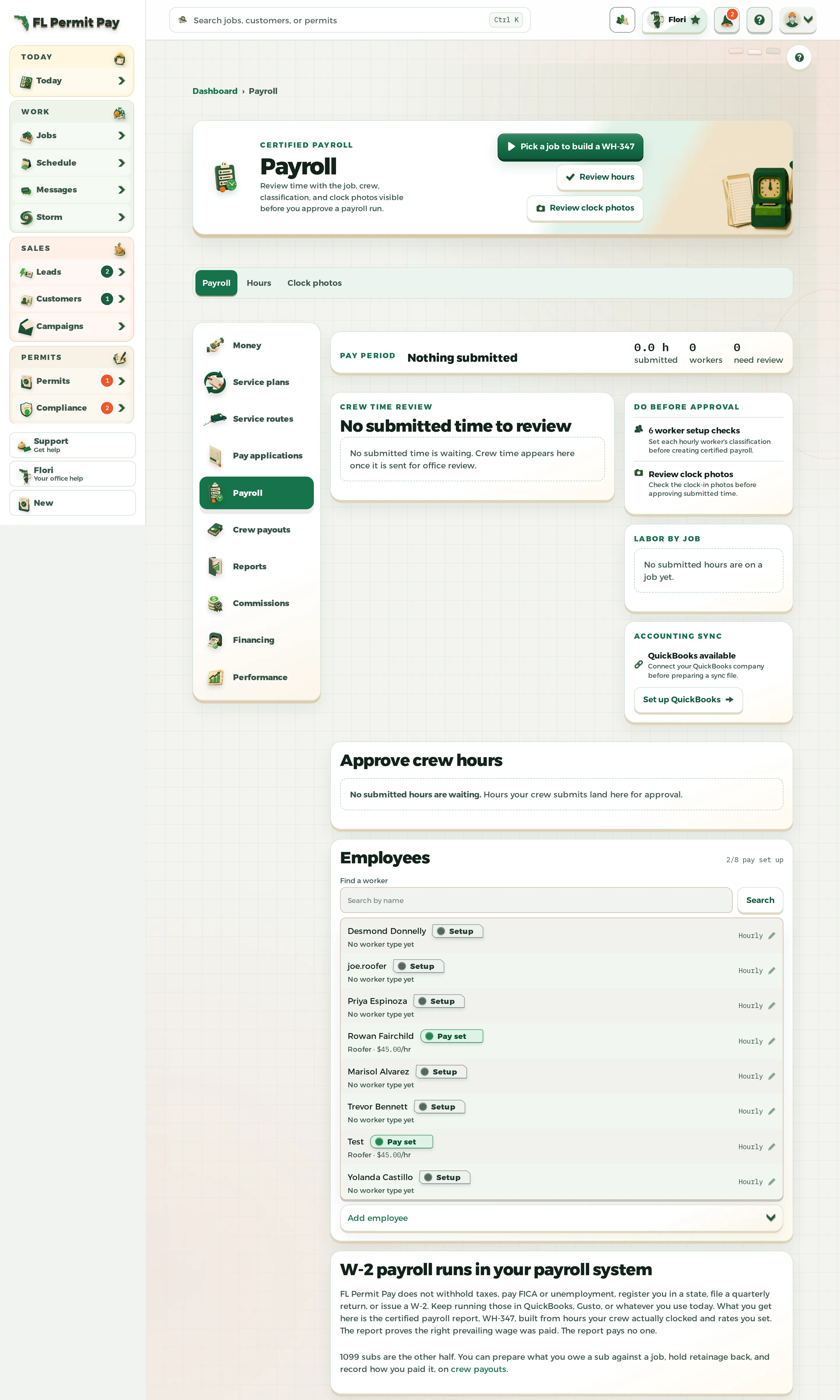 The FL Permit Pay Payroll workspace with the week's entries and certified-payroll surfaces.