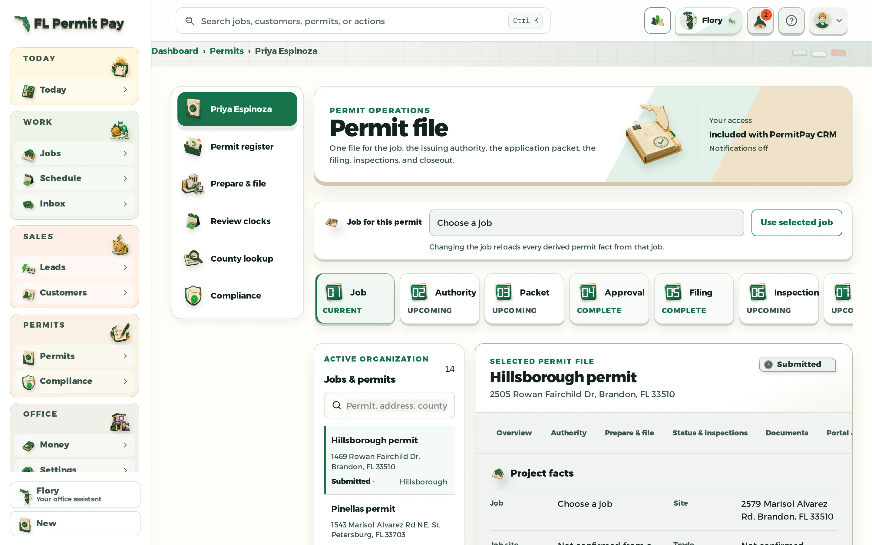 The FL Permit Pay Permit Hub showing the permit file masthead, the seven permit stages from job to closed, and the selected permit record.