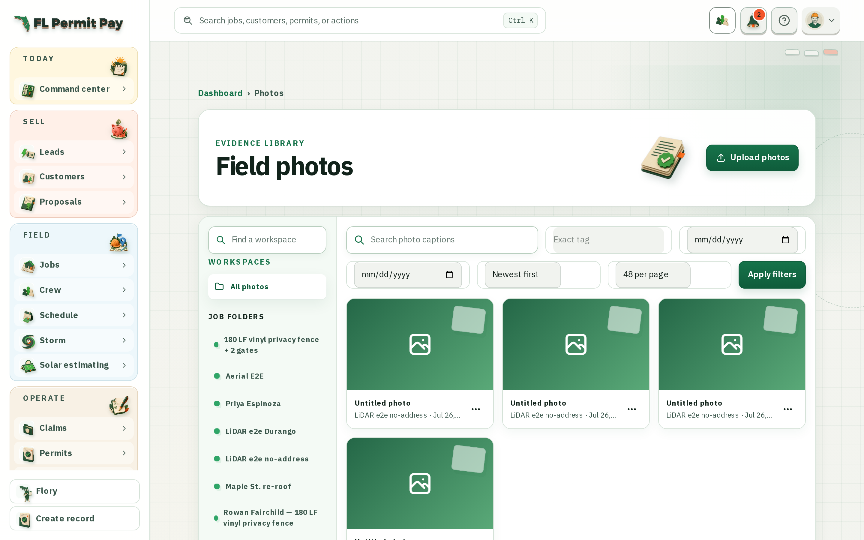 The FL Permit Pay Photos workspace, showing field photo evidence organised against the jobs it belongs to.