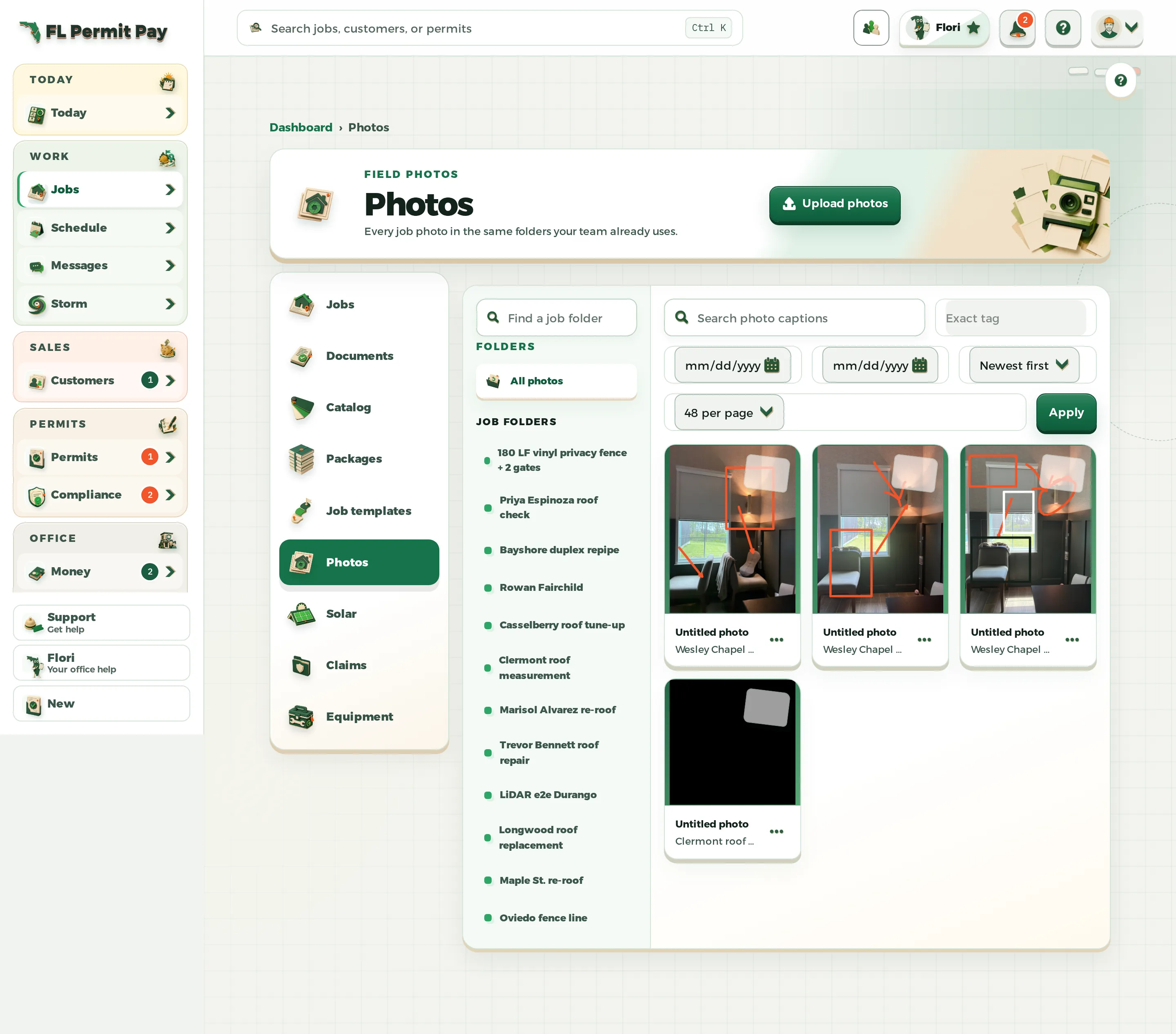 The FL Permit Pay Photos workspace, showing field photo evidence organised against the jobs it belongs to.