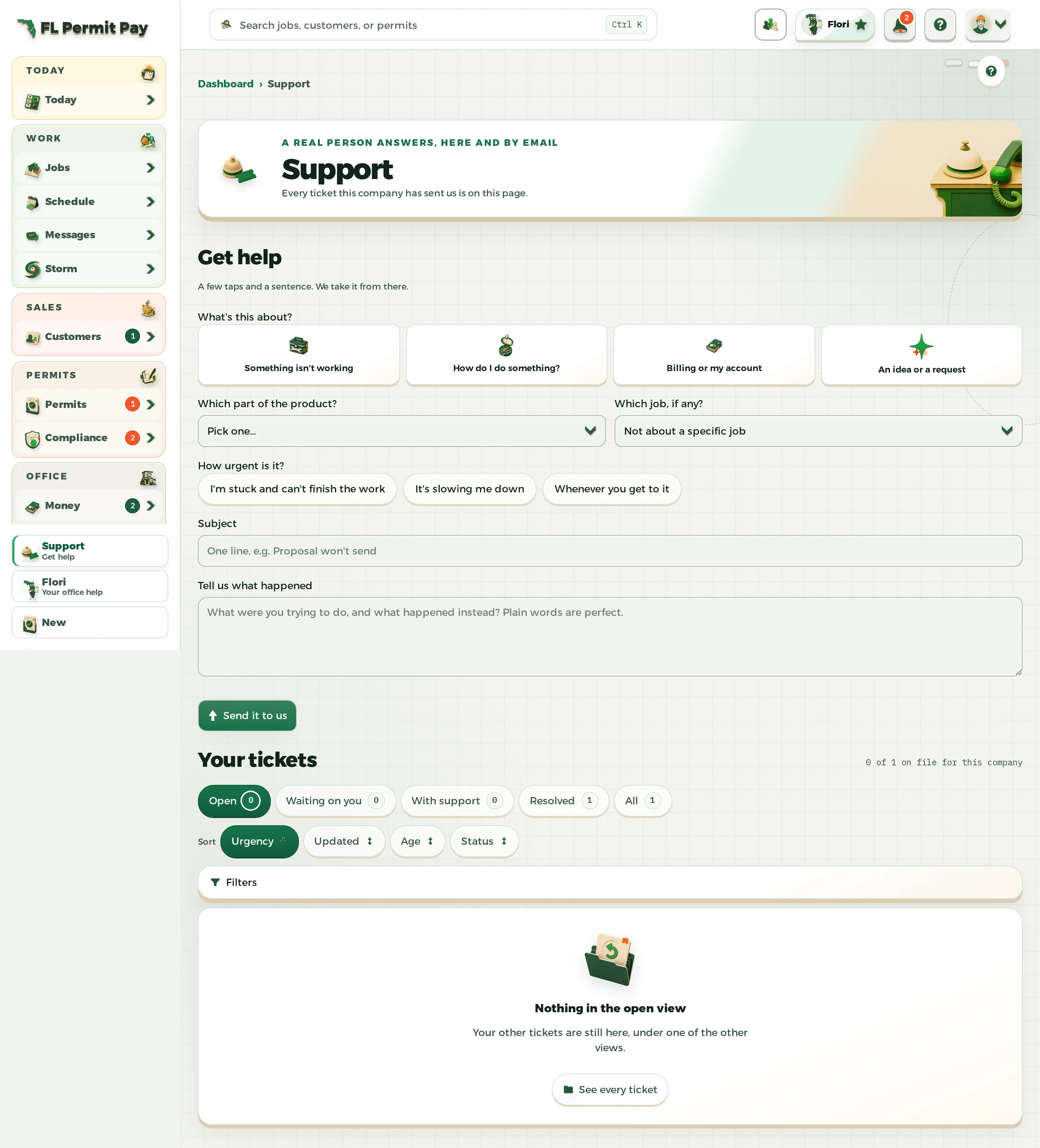 The FL Permit Pay Support desk, with the ticket queue and the conversation open.