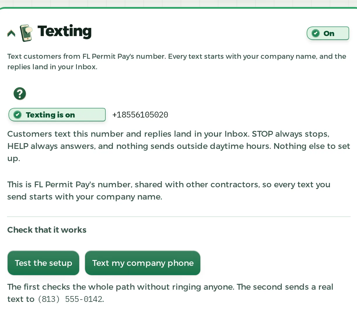 The FL Permit Pay texting card in Settings for a company already texting on the shared toll-free number: the stamp reading Texting is on, the number, the sentence saying every text starts with the company name, and the two buttons that check the setup.