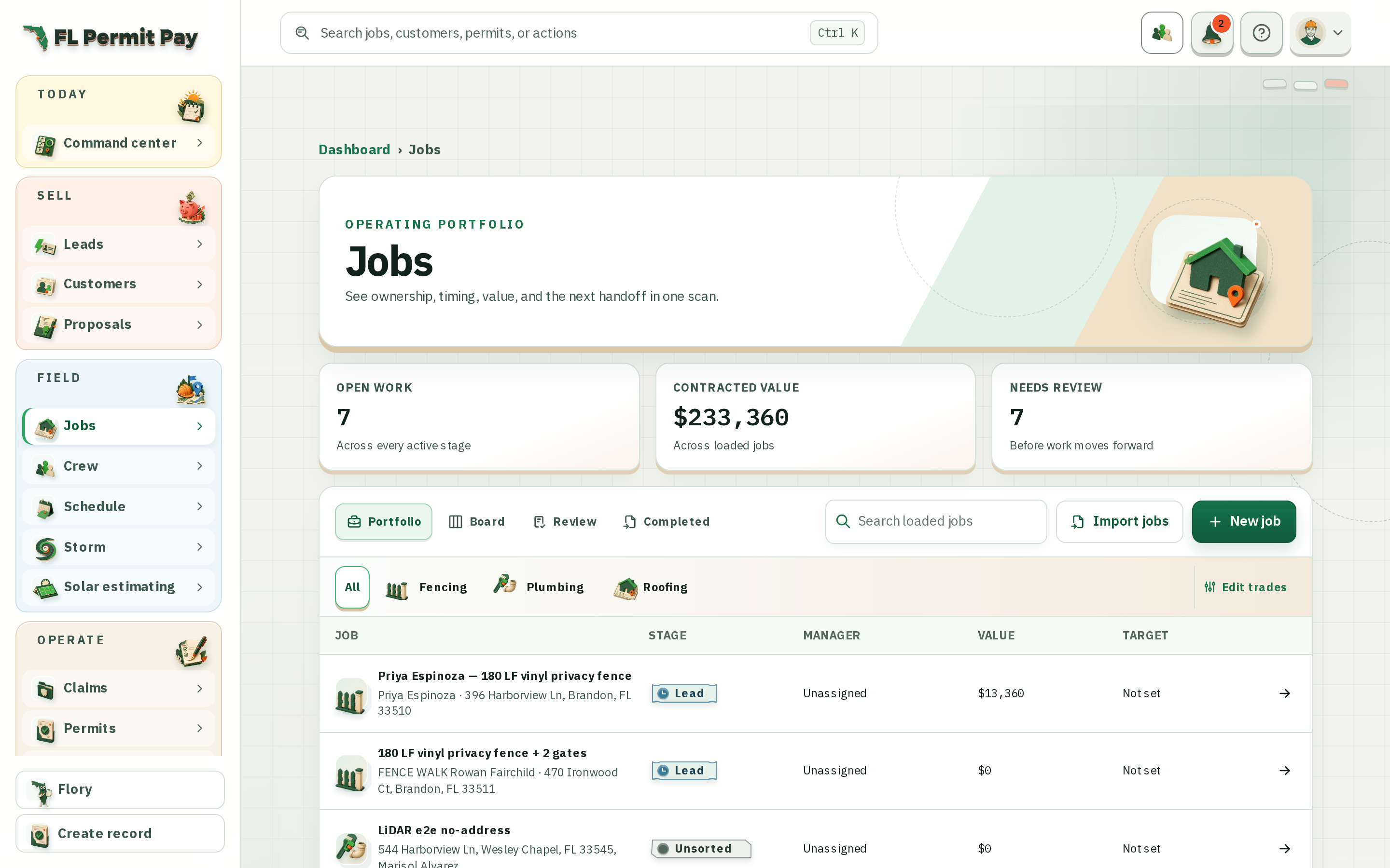 The FL Permit Pay Jobs workspace, showing every job by stage with open work, contracted value and what needs review across the top.