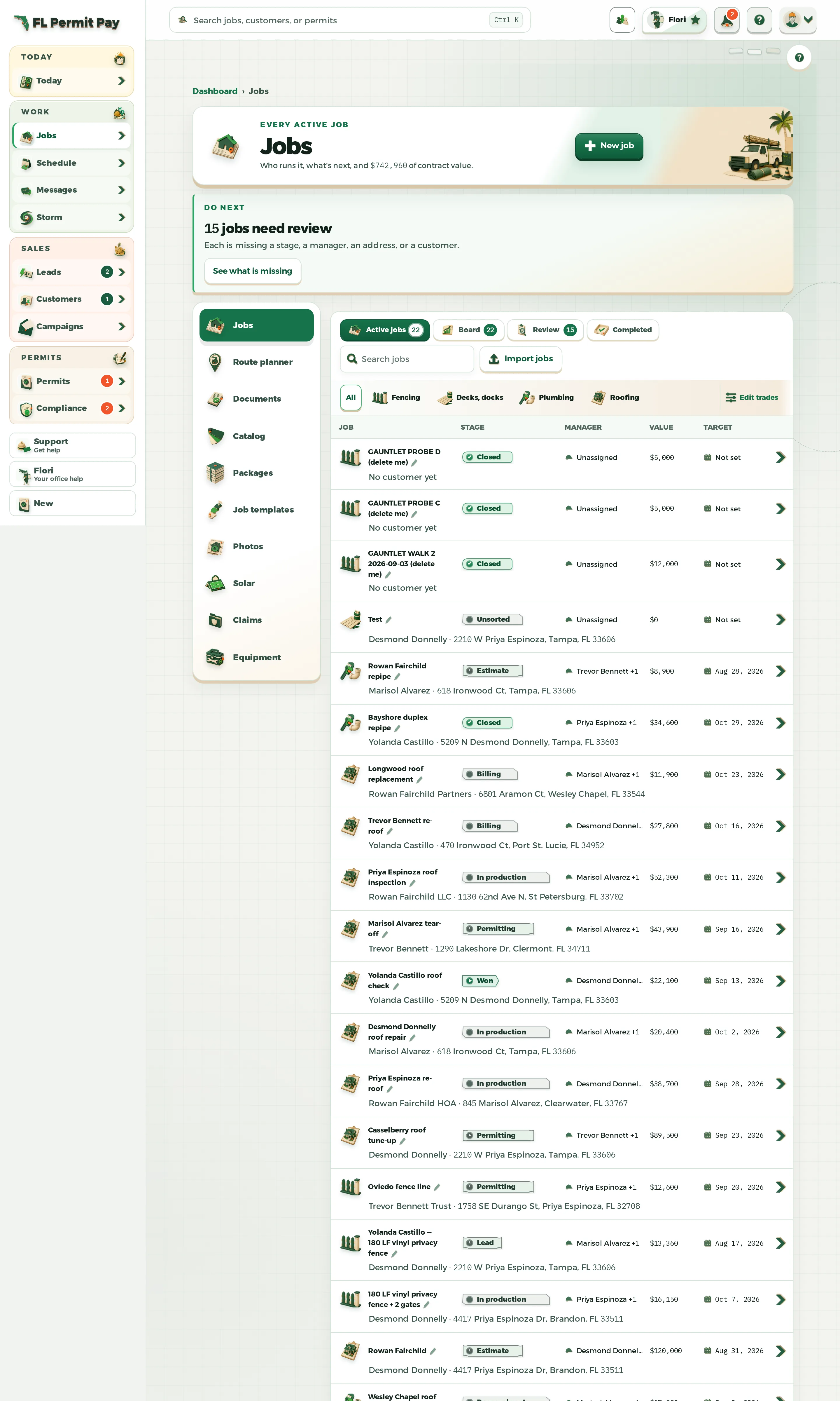The FL Permit Pay Jobs workspace: a band naming how many jobs need review and the door to them, counted view chips, and every job with its customer line, stage, manager, value and target date.