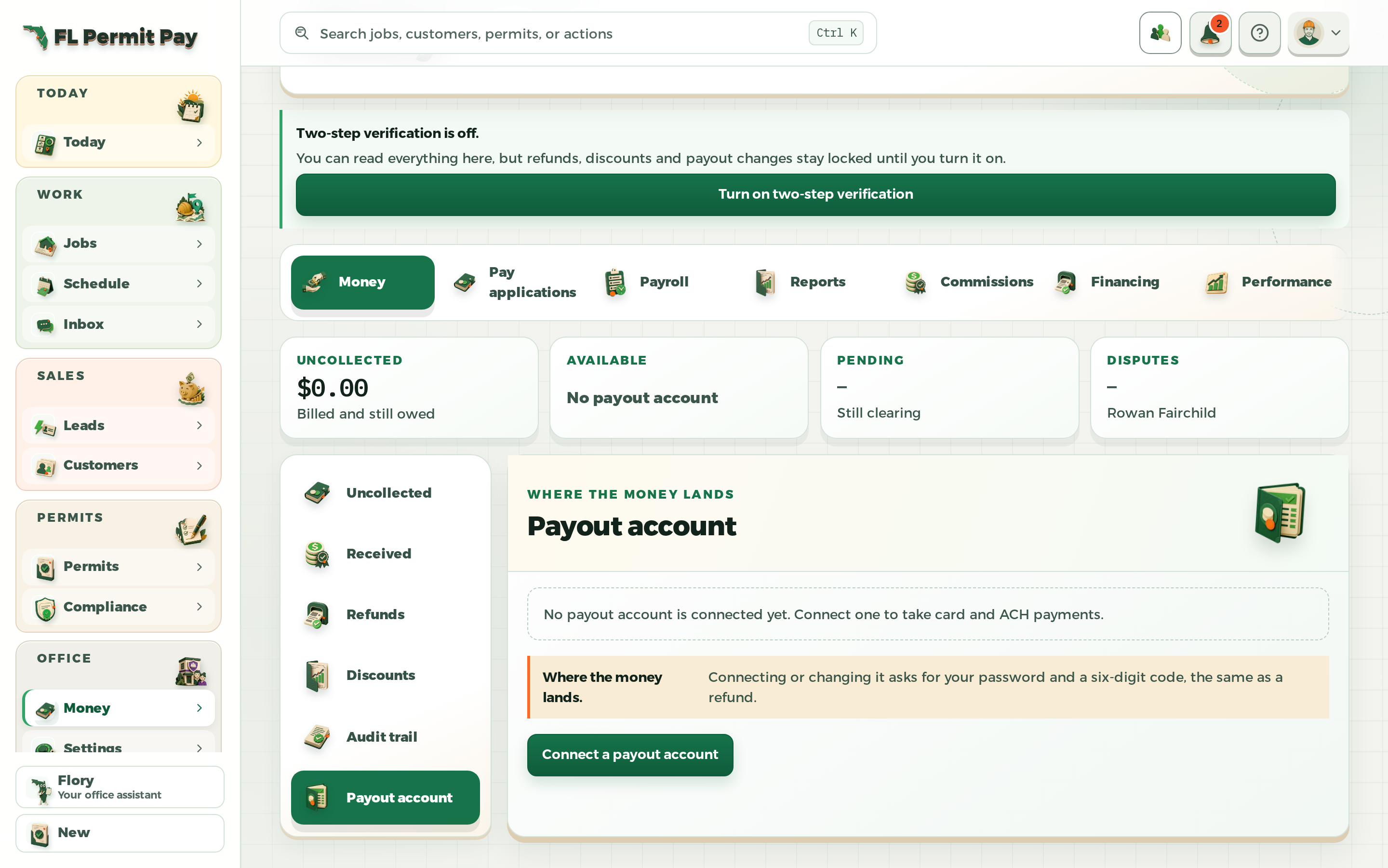 The FL Permit Pay Money desk with the Payout account panel open, showing the Connect a payout account control and the Uncollected, Received, Refunds, Discounts, Audit trail and Payout account list.