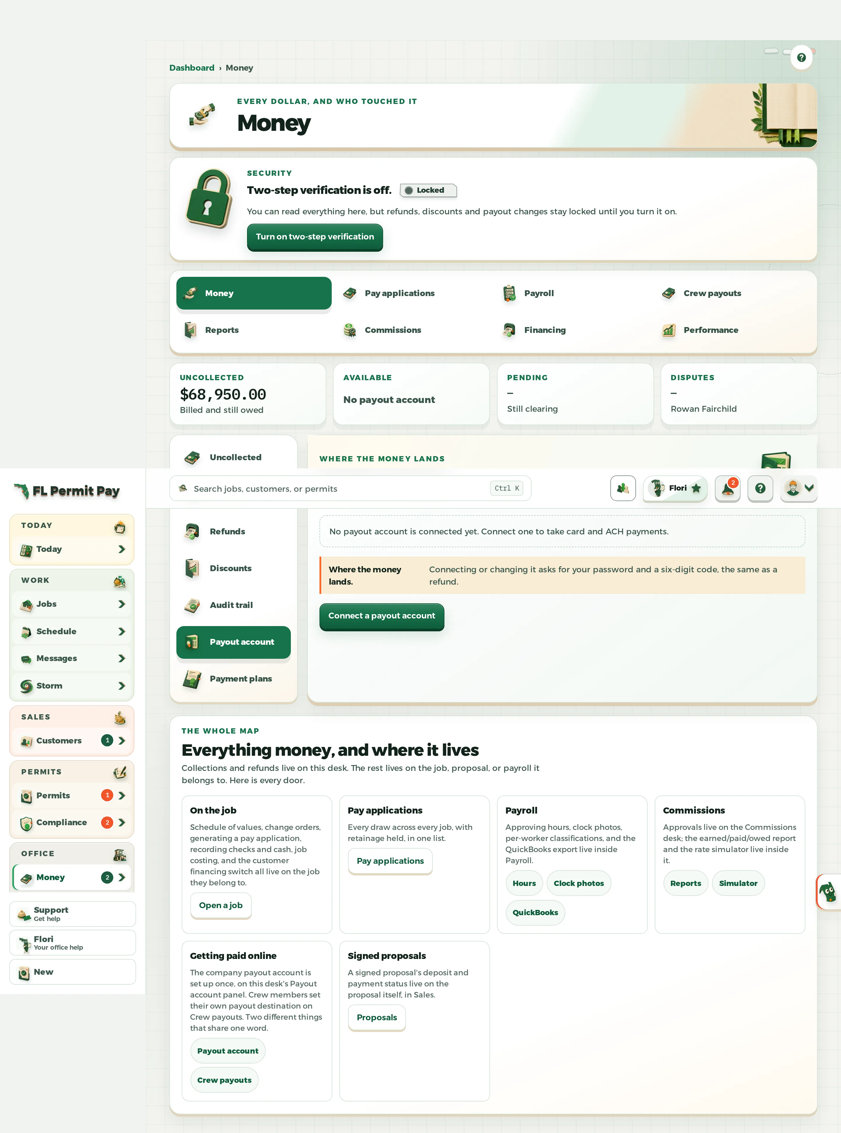 The FL Permit Pay Money desk with the Payout account panel open, showing the Connect a payout account control and the Uncollected, Received, Refunds, Discounts, Audit trail and Payout account list.