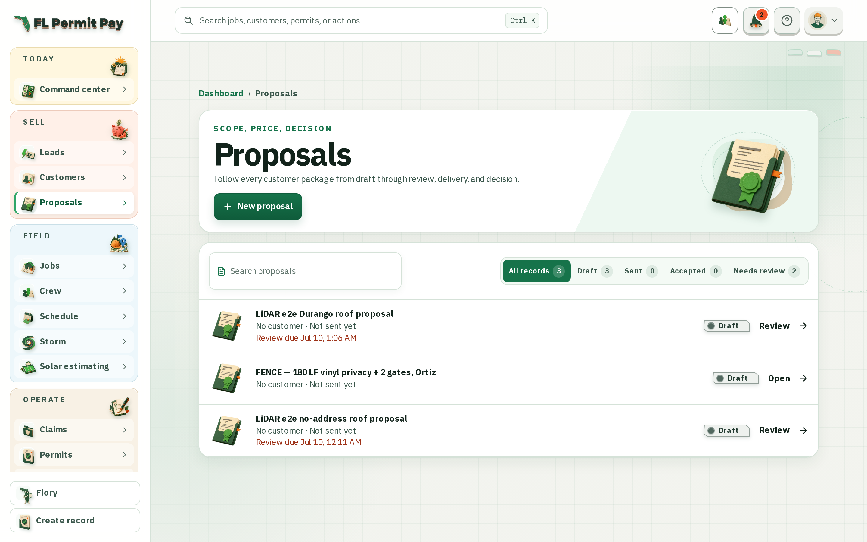 The FL Permit Pay proposals workspace, showing proposals grouped by lifecycle state from draft through sent and accepted.