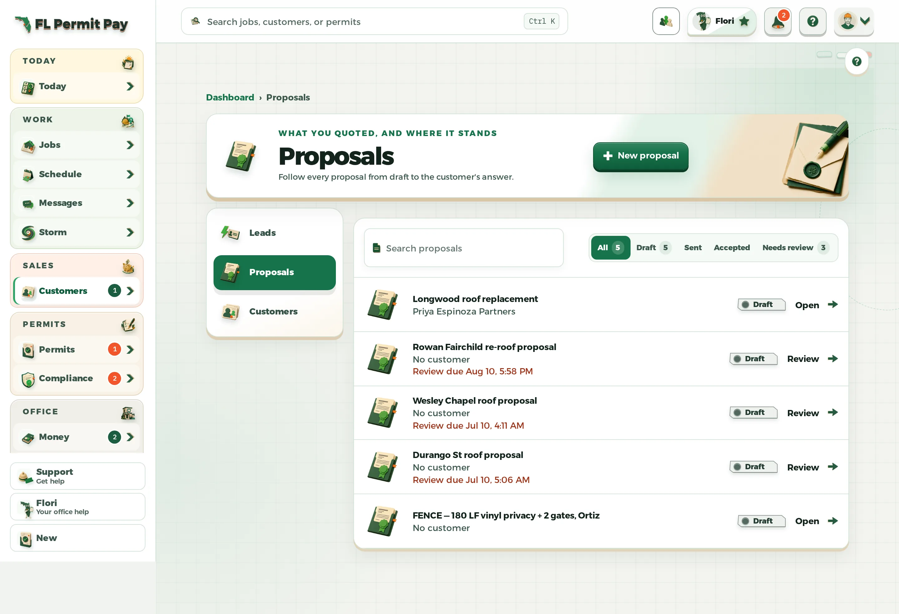 The FL Permit Pay proposals workspace, showing proposals grouped by lifecycle state from draft through sent and accepted.