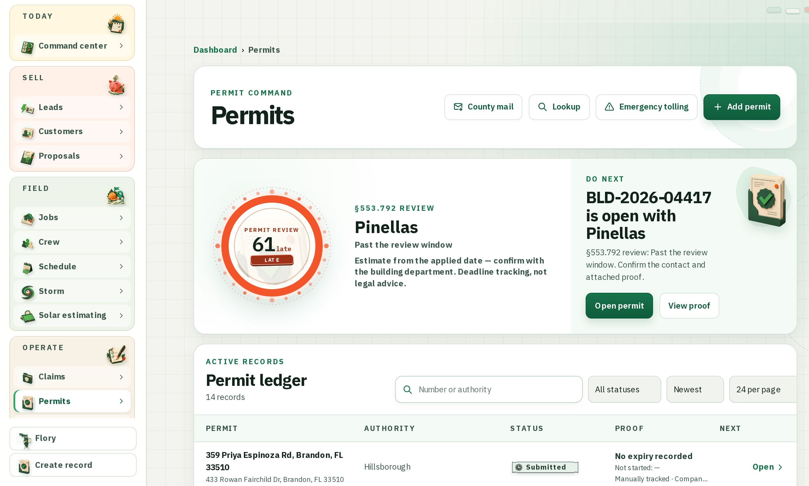 From the PermitPay Permits screen: a permit review clock reading 61 late, stamped LATE.