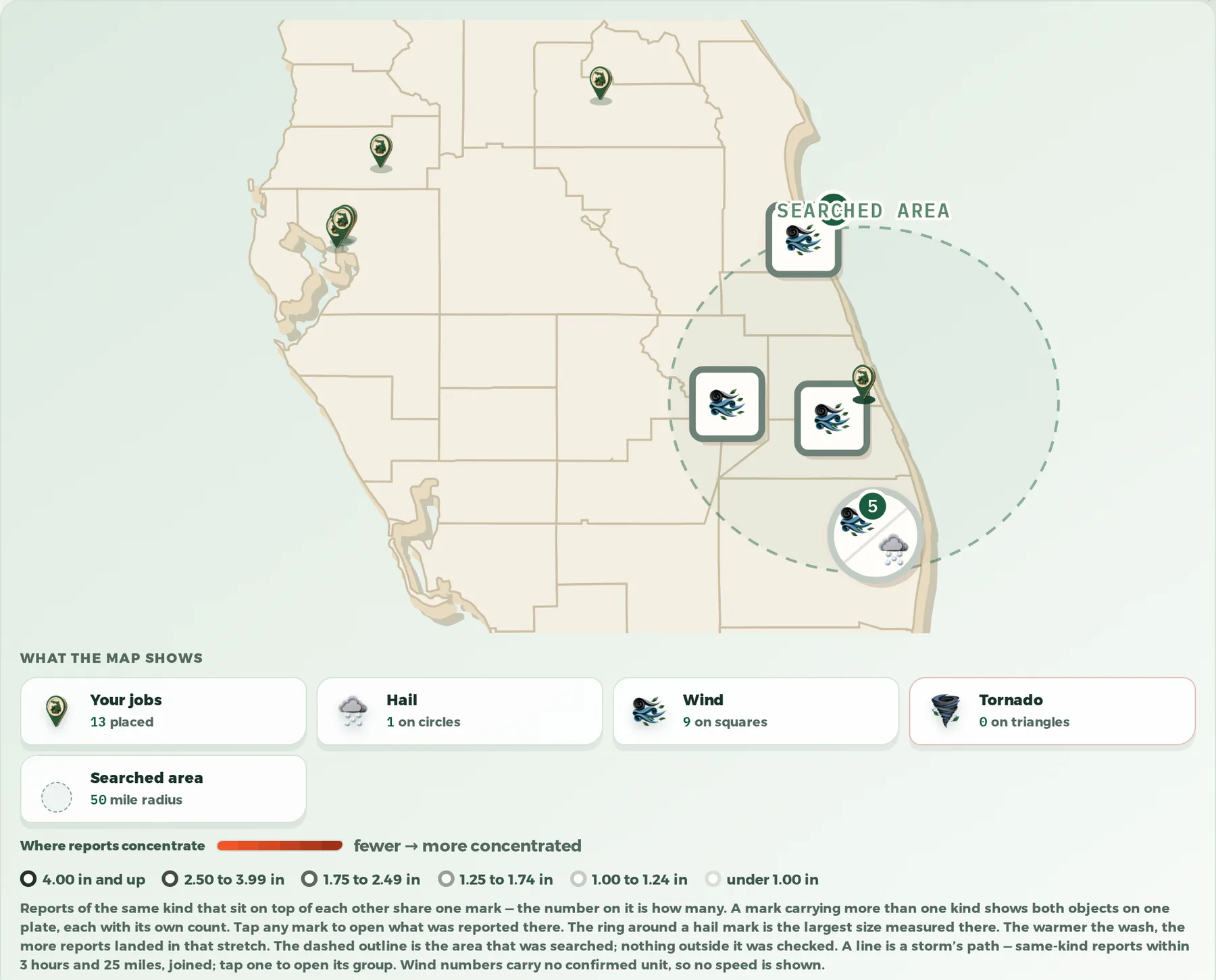 The FL Permit Pay storm map: a contractor's open jobs marked across the Florida peninsula, reported wind and hail plotted over them with a wash where the reports concentrate, a recorded search area drawn around the worst of it, and a legend counting the jobs and the wind and hail reports under it.