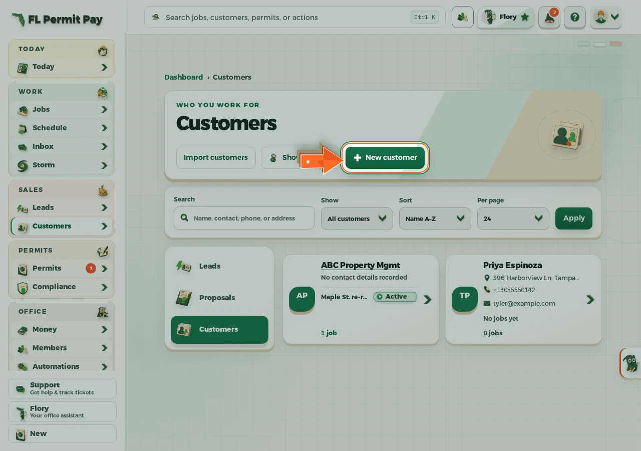 Where to find it: Open New customer — the arrow points at the control