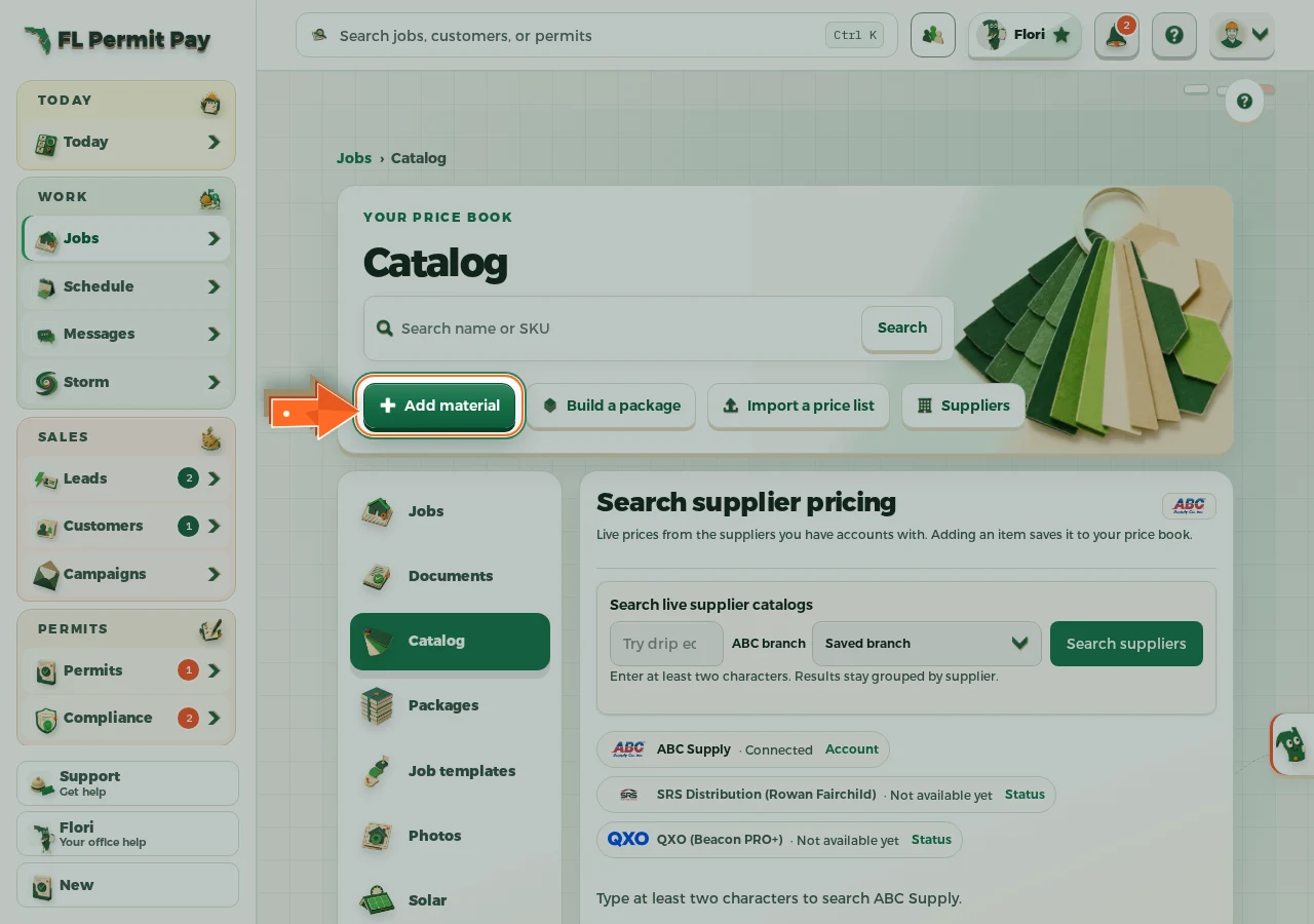 Where to find it: Put the materials in the price book first - the arrow points at the control