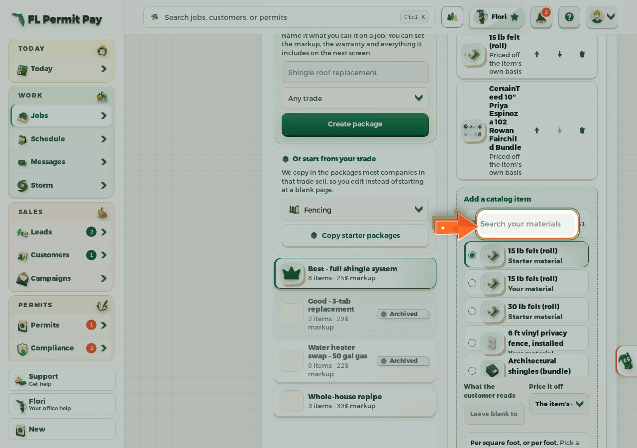 Where to find it: Search, then tick the material's row - the arrow points at the control