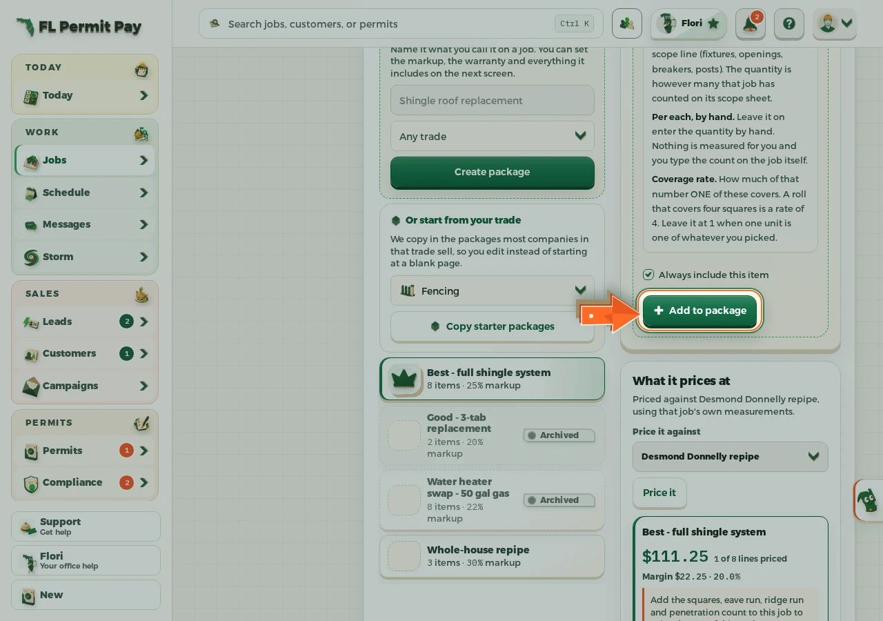 Where to find it: Add the material to the package - the arrow points at the control