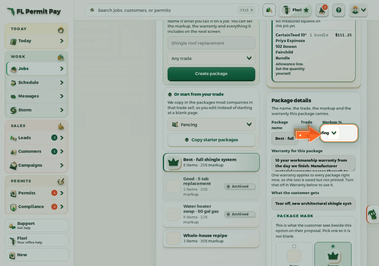 Where to find it: Set what the package sells at - the arrow points at the control