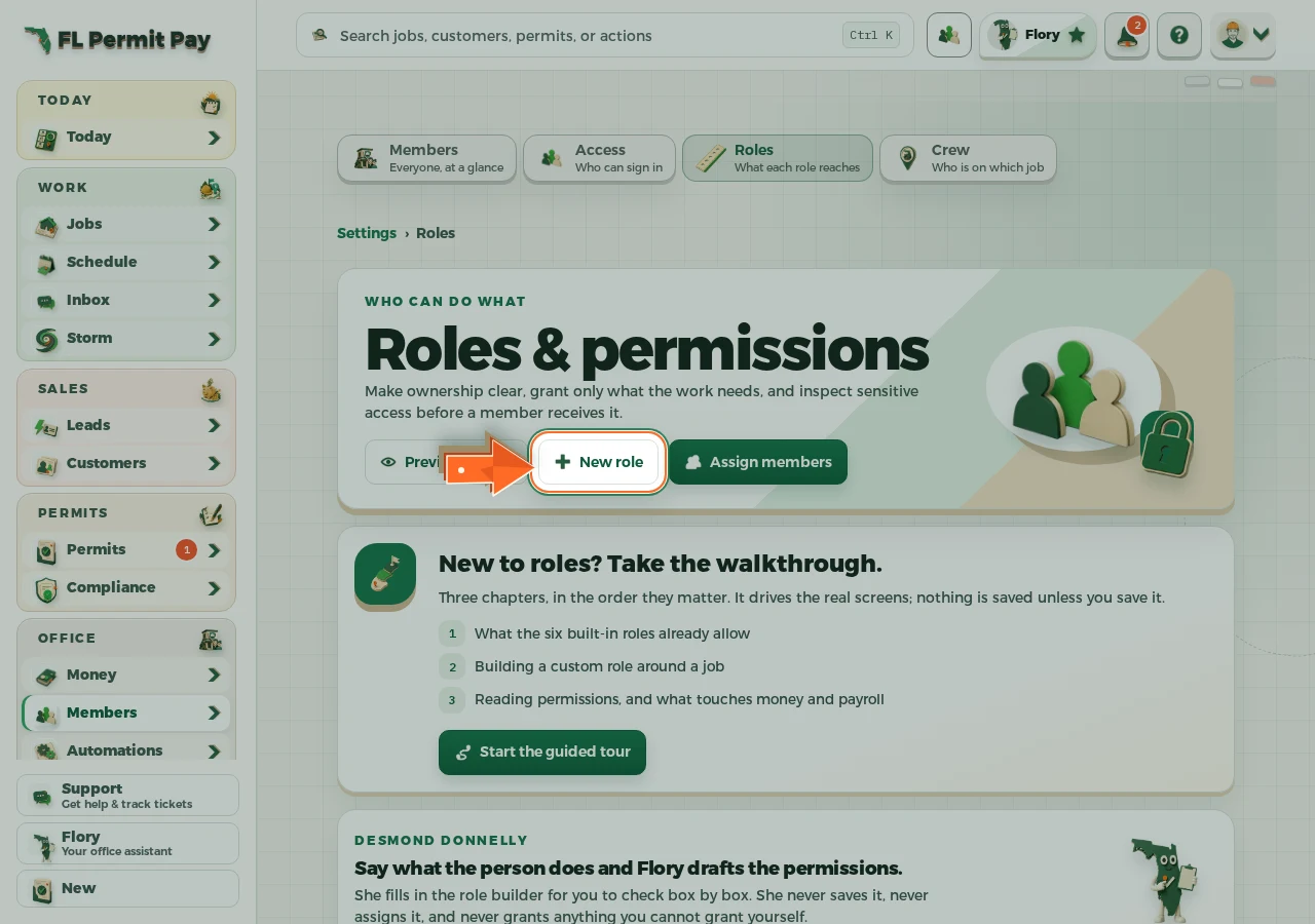 Where to find it: Start a new role — the arrow points at the control