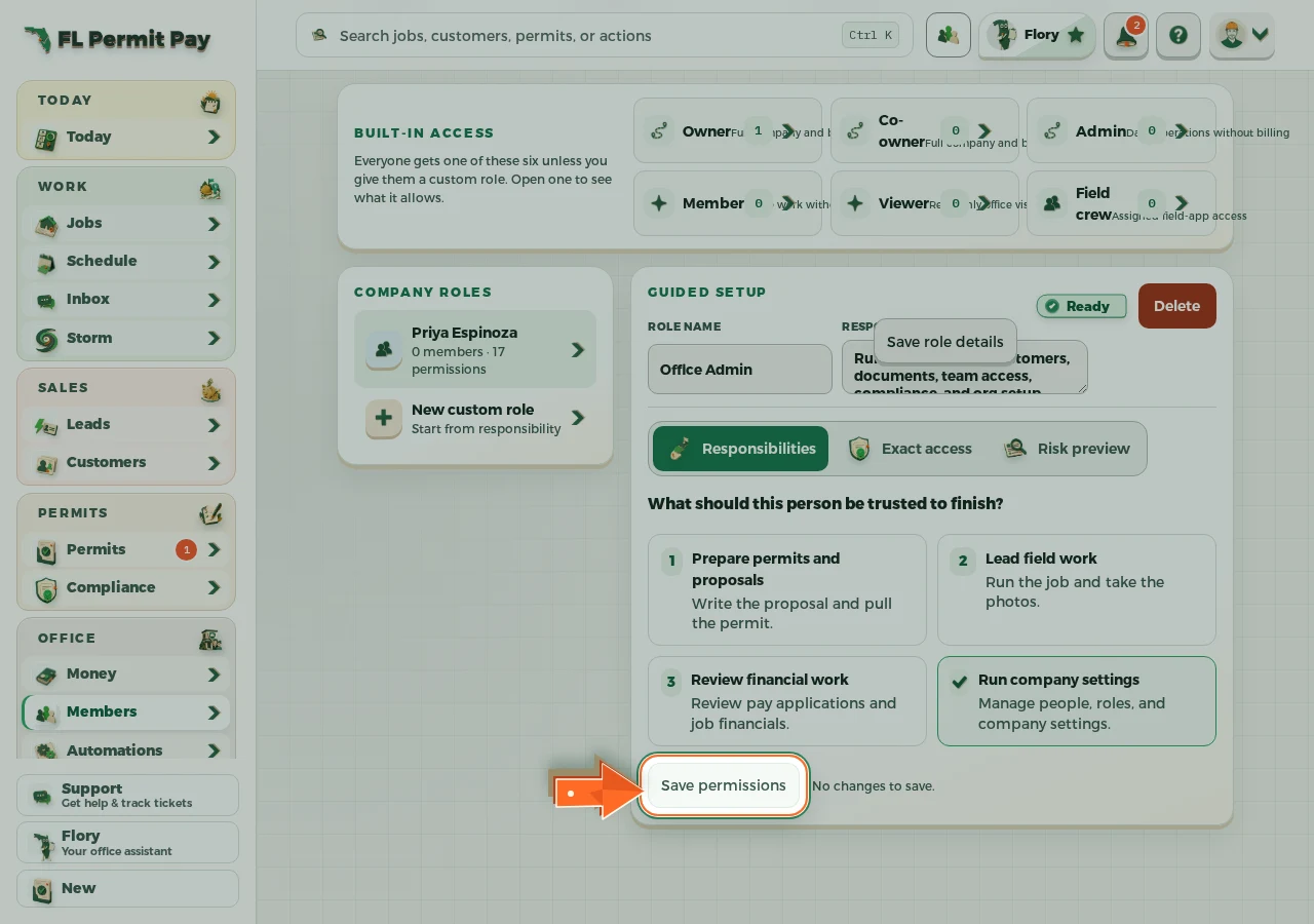 Where to find it: Save the role — the arrow points at the control