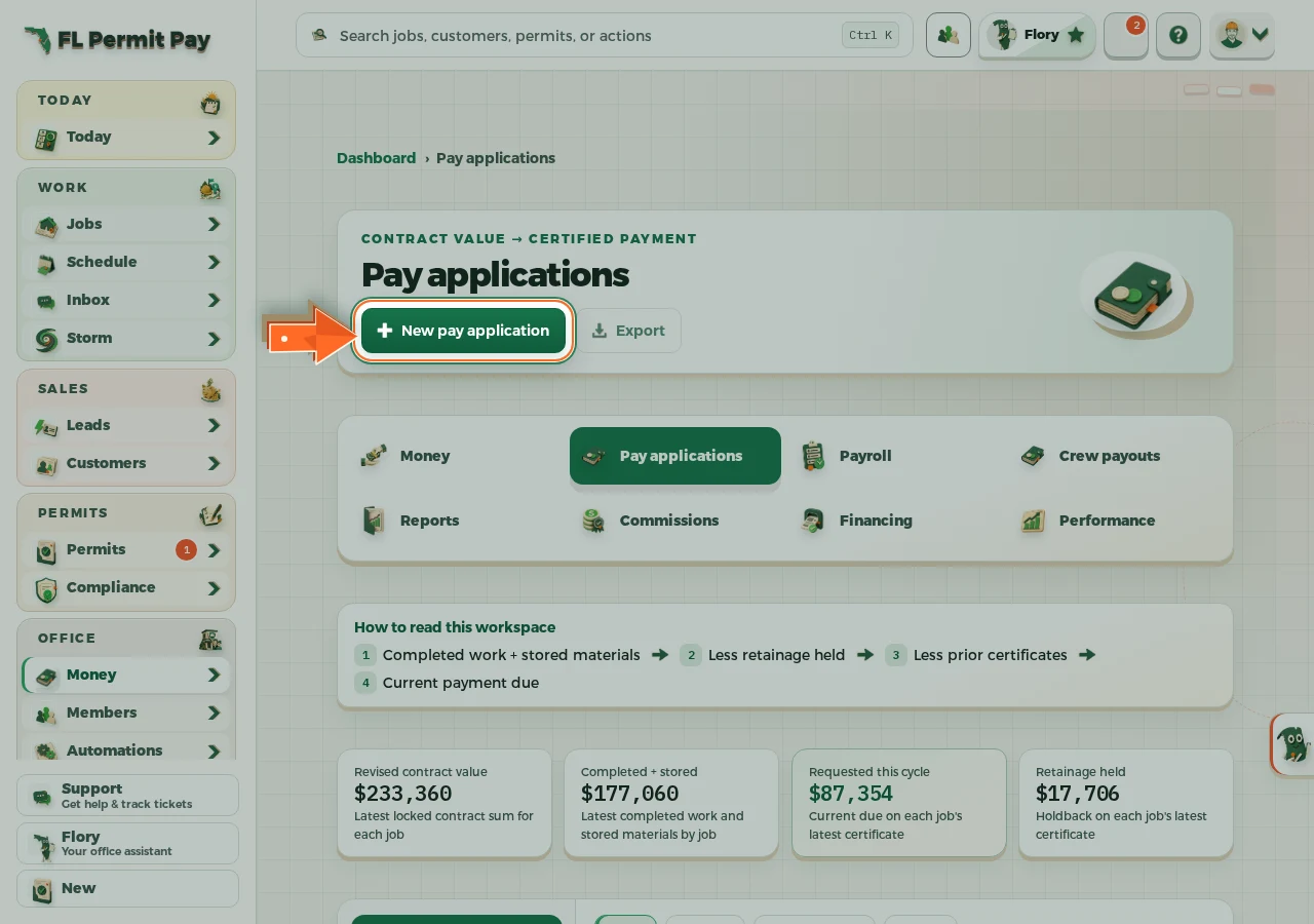 Where to find it: Open New pay application — the arrow points at the control