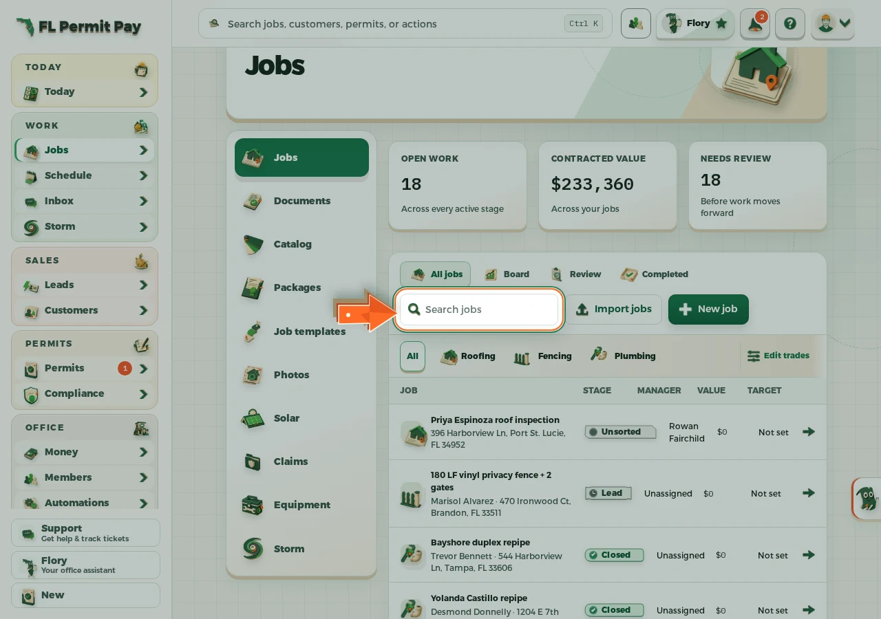 Where to find it: Find the job you are billing — the arrow points at the control