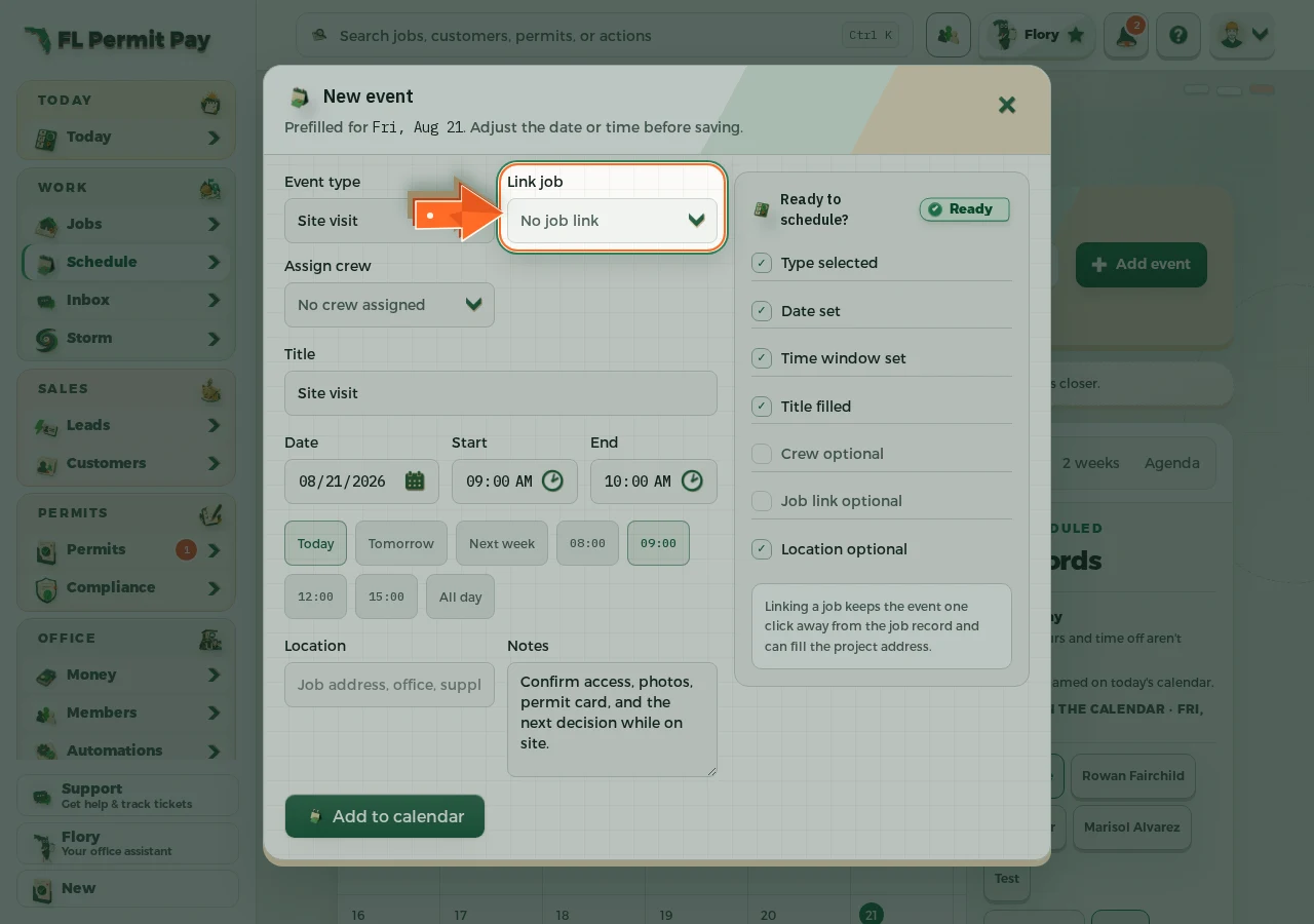 Where to find it: Link the job — the arrow points at the control